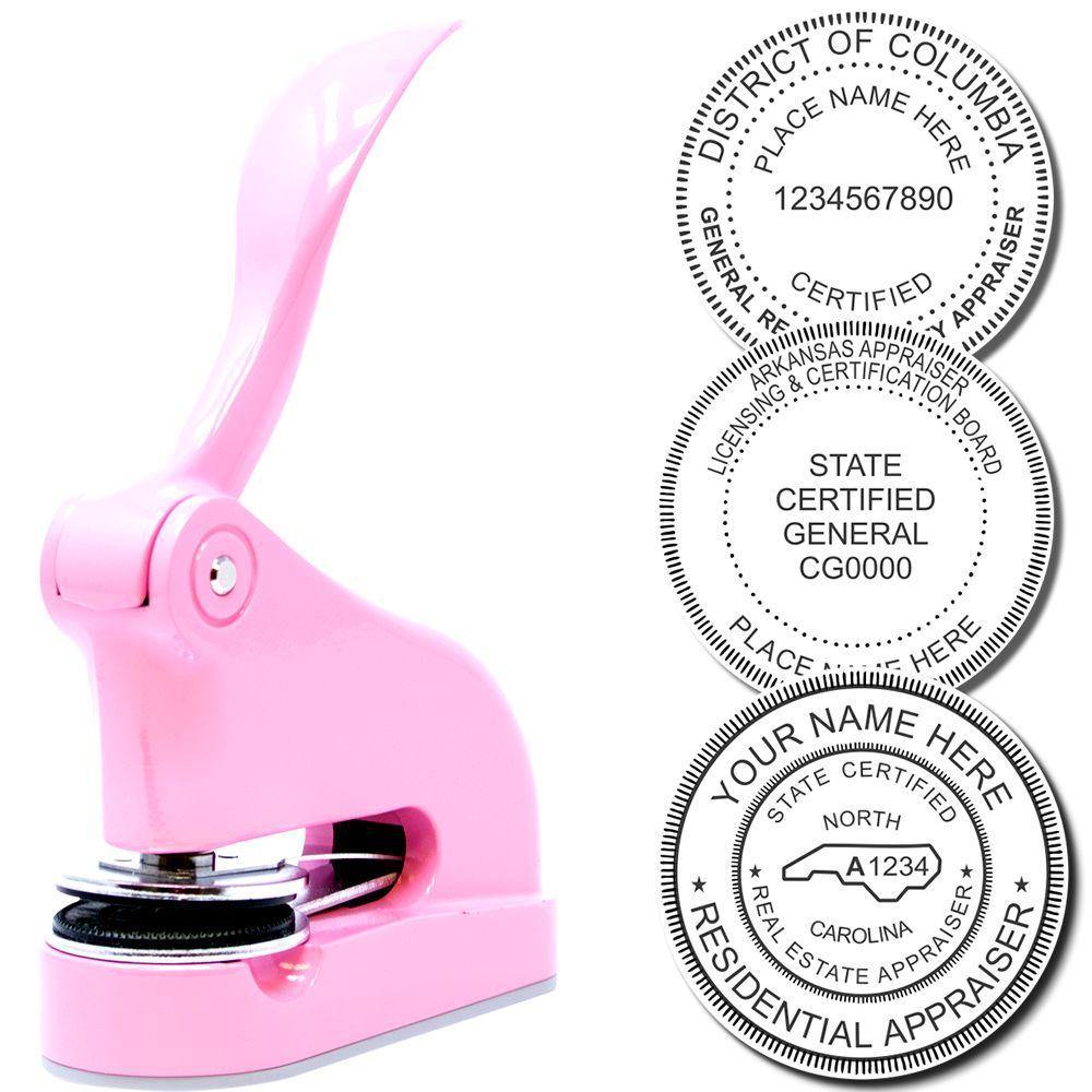 Real Estate Appraiser Pink Gift Embosser with a pink handle and three sample embossed seals showing certification details.