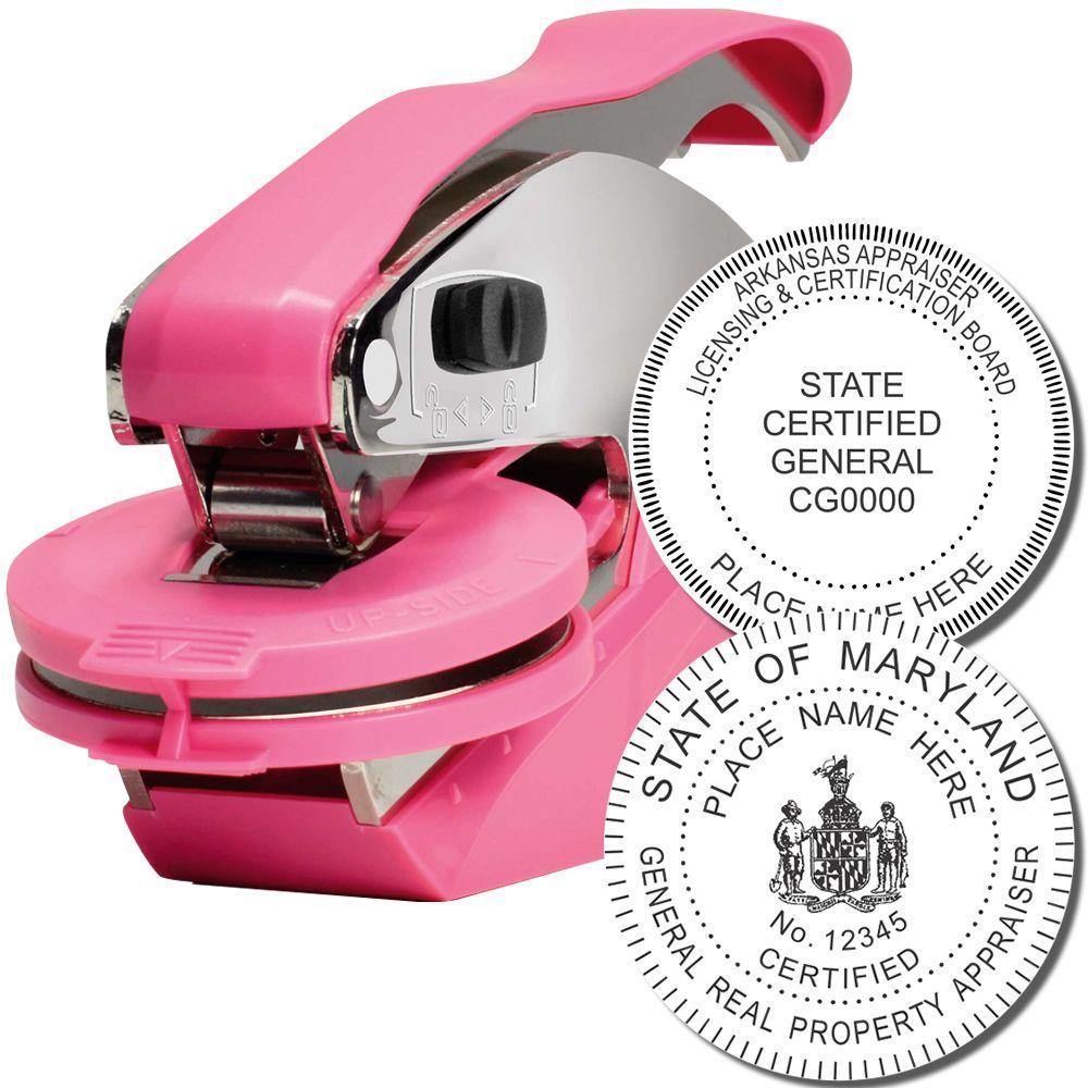 Real Estate Appraiser Pink Hybrid Handheld Embosser with two sample embossed seals for state certification and general property appraisal.