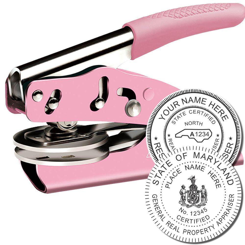 Real Estate Appraiser Pink Soft Seal Embosser with a pink handle and a sample embossed seal for the State of Maryland.