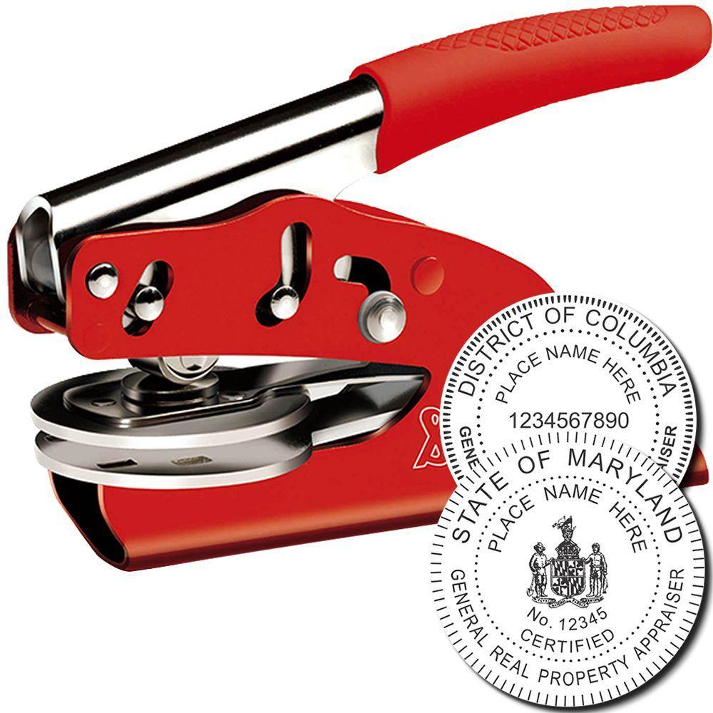 Red Real Estate Appraiser Soft Seal Embosser with a metal handle and a sample embossed seal showing certification details.