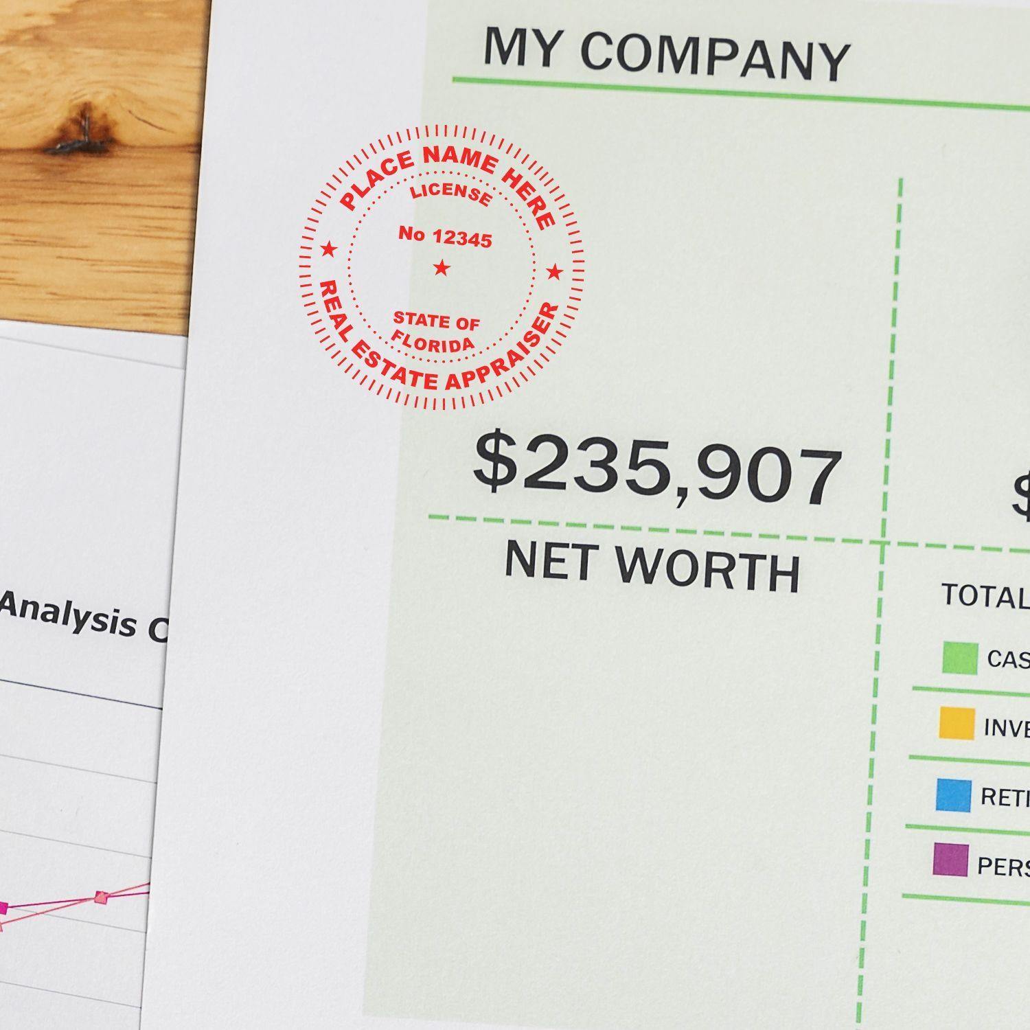 Real Estate Appraiser Regular Rubber Stamp of Seal in red ink stamped on a financial document showing net worth and company details.