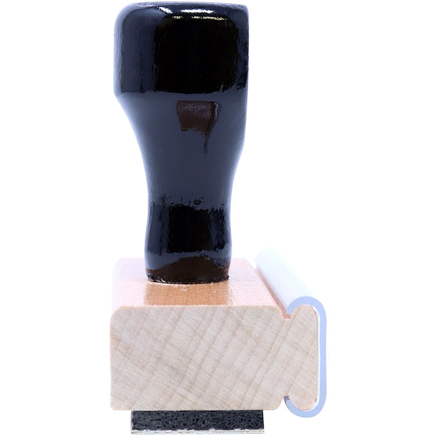 3 Line Wood Handle Custom Rubber Check Endorsement Stamp with a black handle and wooden base, side view showing the rubber stamp surface.