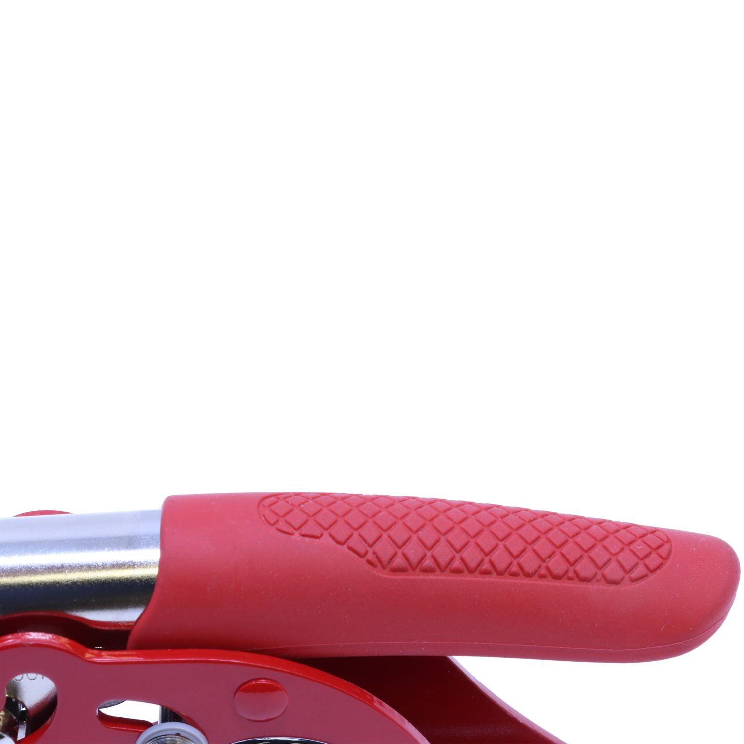 Close-up of the Real Estate Appraiser Red Soft Seal Embosser handle, showcasing its textured red grip and metallic components.