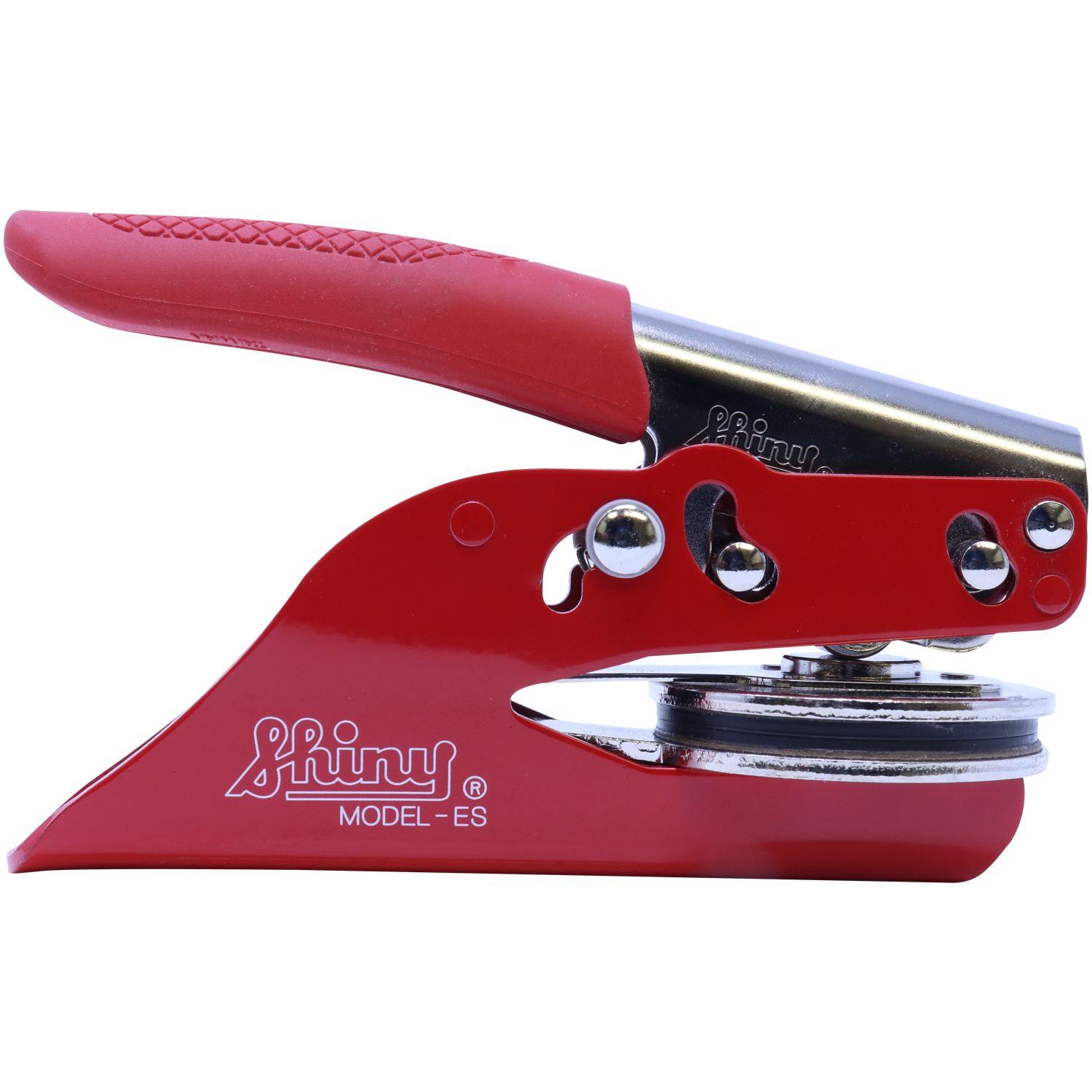 Red Real Estate Appraiser Soft Seal Embosser with a sleek design, featuring a sturdy metal handle and Shiny branding on the side.