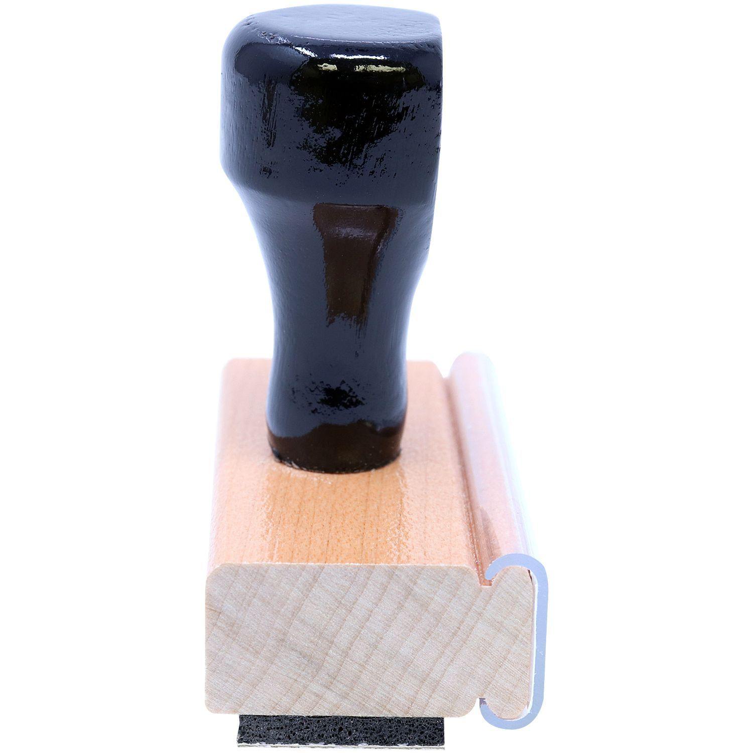 Large Priority Mail International Rubber Stamp with a black handle and wooden base, shown from the side on a white background.