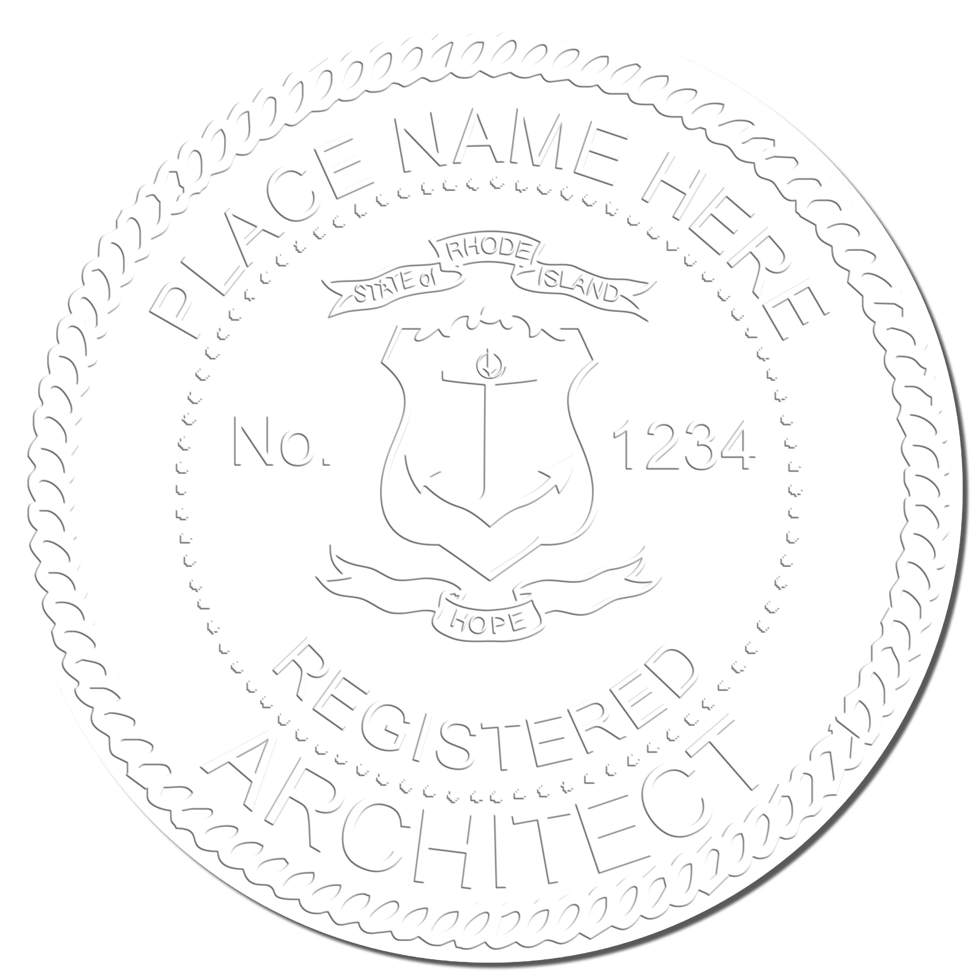 A photograph of the Rhode Island Desk Architect Embossing Seal stamp impression reveals a vivid, professional image of the on paper.