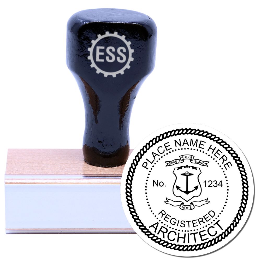 Rhode Island Architect Seal Stamp with wooden handle and rubber base, featuring a detailed state emblem and space for personalized information.