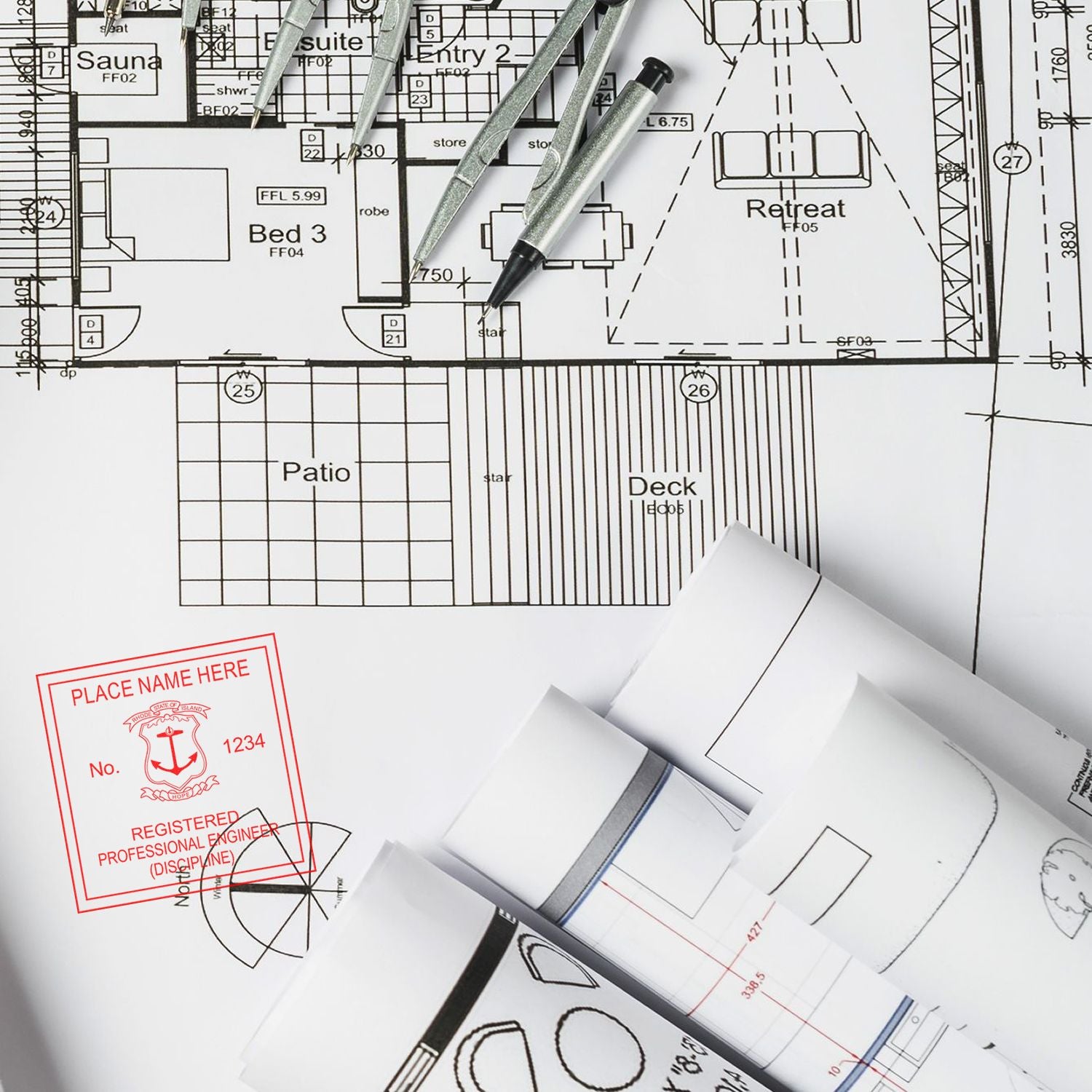 This paper is stamped with a sample imprint of the Digital Rhode Island PE Stamp and Electronic Seal for Rhode Island Engineer, signifying its quality and reliability.