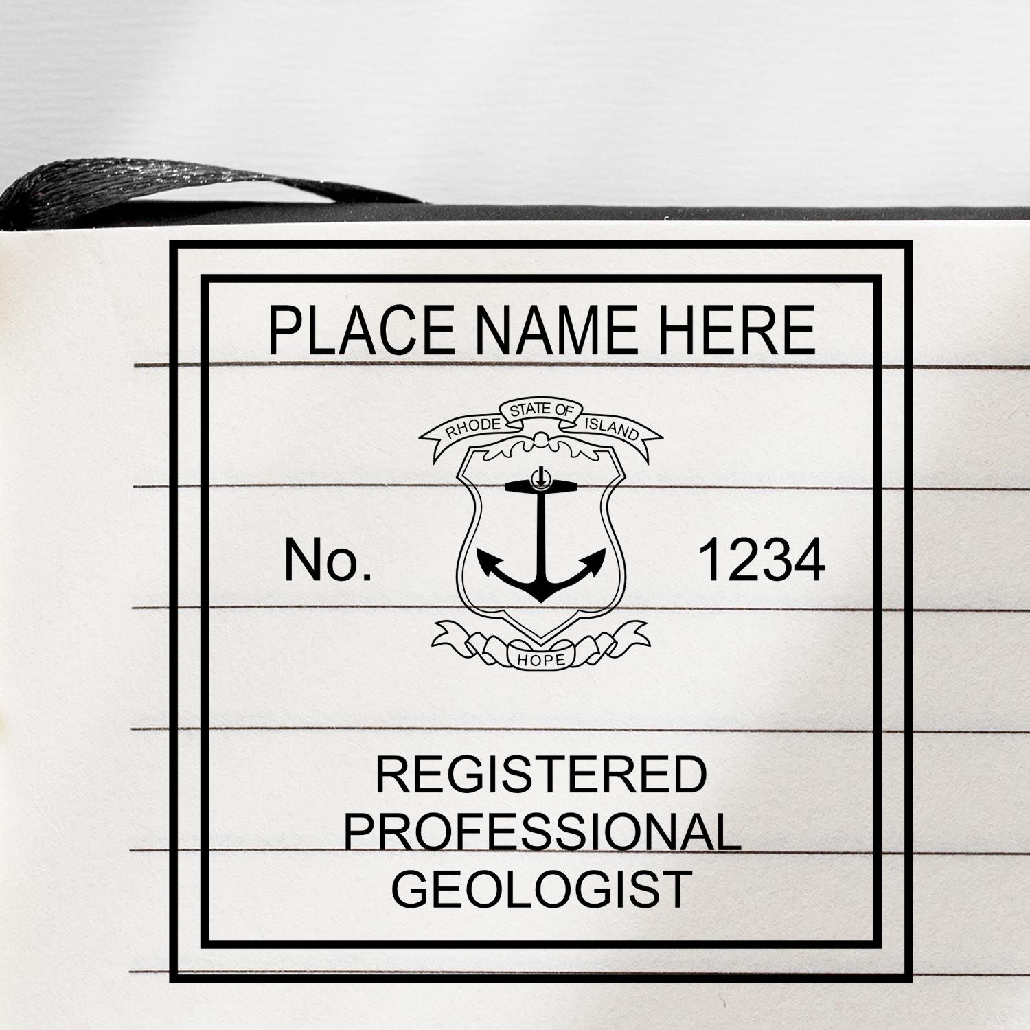 A lifestyle photo showing a stamped image of the Slim Pre-Inked Rhode Island Professional Geologist Seal Stamp on a piece of paper