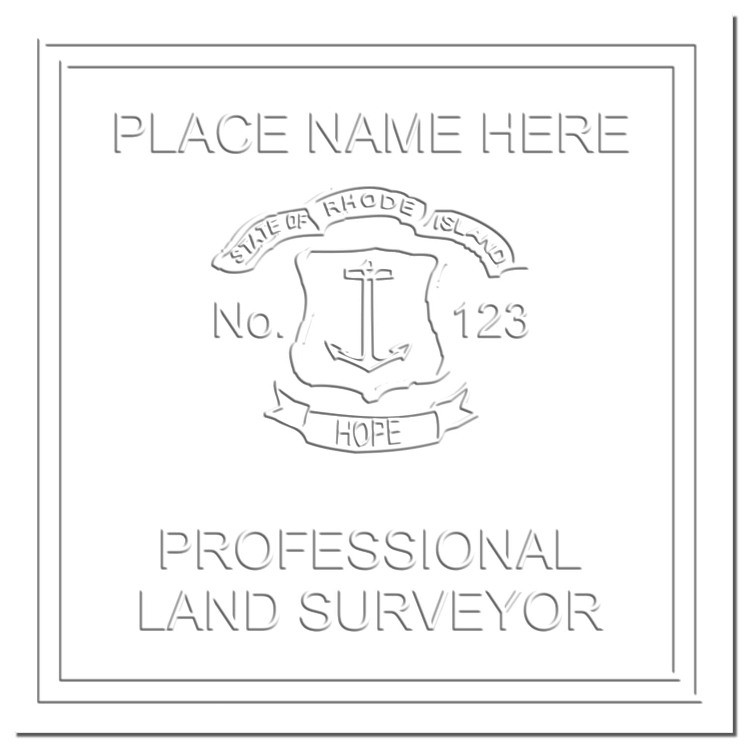 This paper is stamped with a sample imprint of the Extended Long Reach Rhode Island Surveyor Embosser, signifying its quality and reliability.