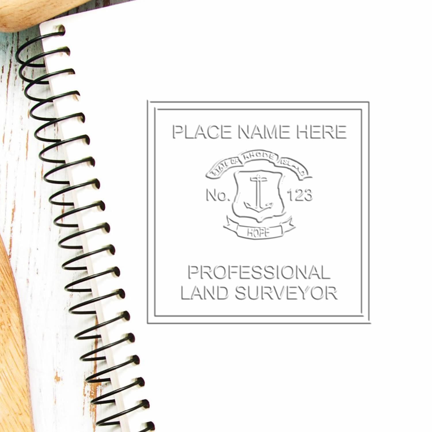 A stamped impression of the Handheld Rhode Island Land Surveyor Seal in this stylish lifestyle photo, setting the tone for a unique and personalized product.