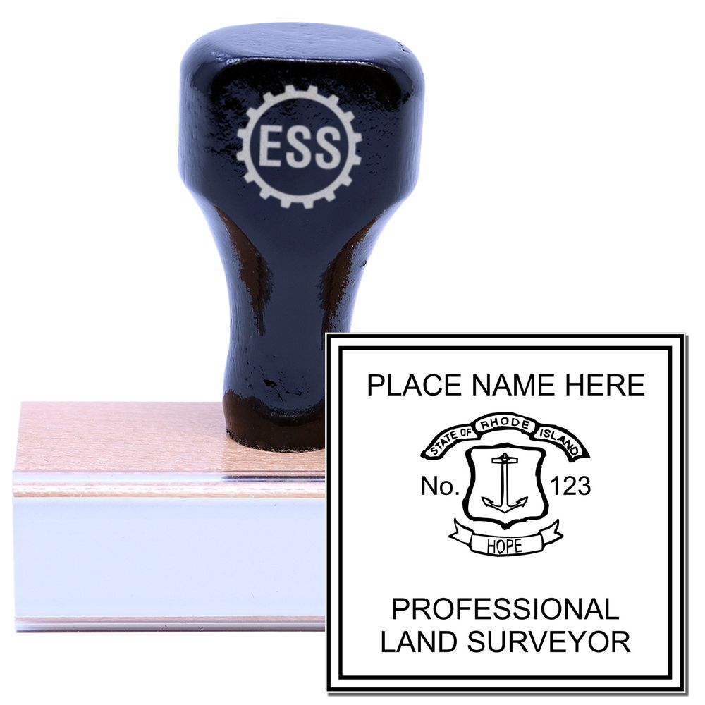 Rhode Island Land Surveyor Seal Stamp, RI PLS Stamp with a wooden handle and an imprint showing the state emblem and text for professional land surveyors.