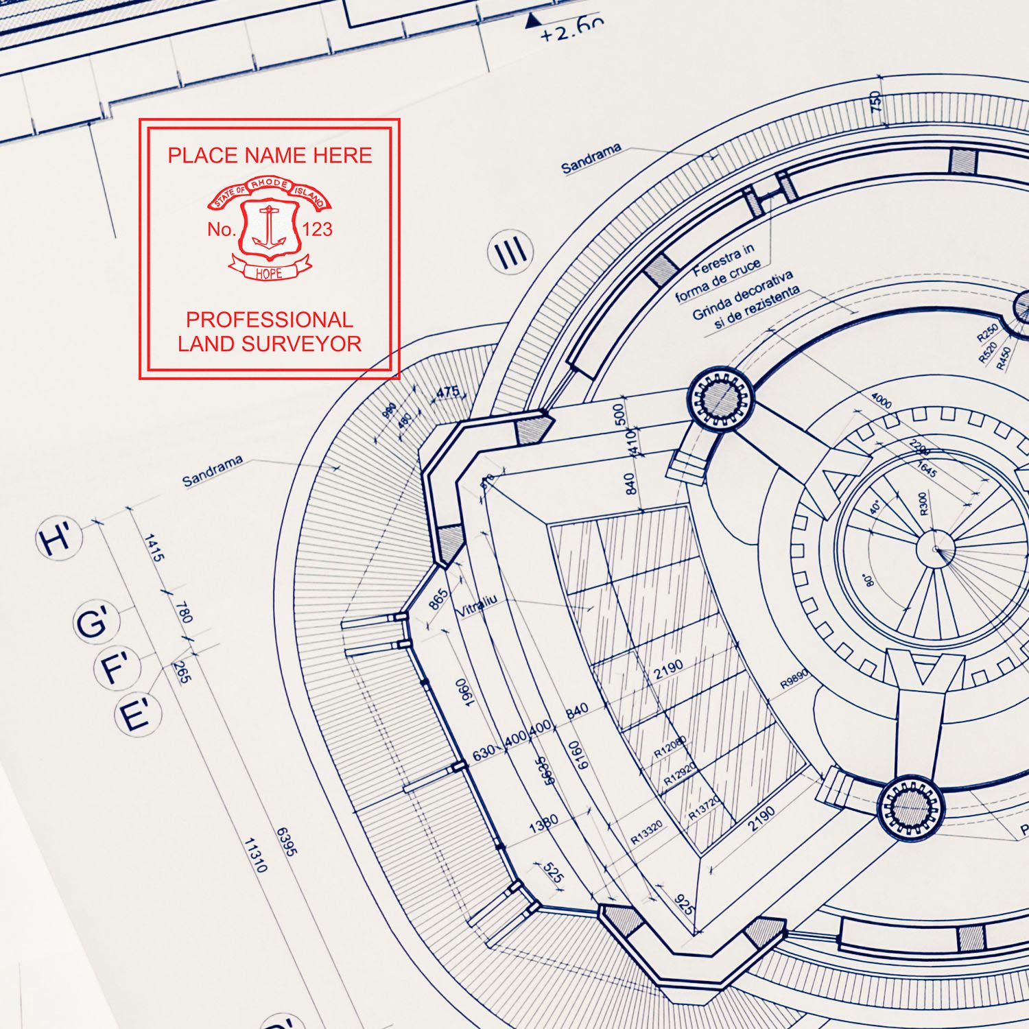 The Slim Pre-Inked Rhode Island Land Surveyor Seal Stamp stamp impression comes to life with a crisp, detailed photo on paper - showcasing true professional quality.