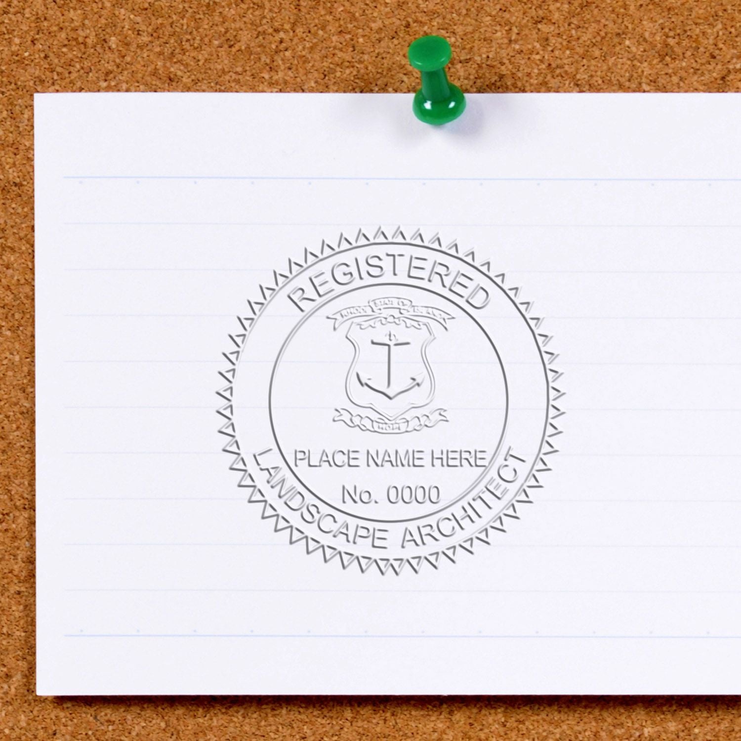 State of Rhode Island Handheld Landscape Architect Seal in use photo showing a stamped imprint of the State of Rhode Island Handheld Landscape Architect Seal