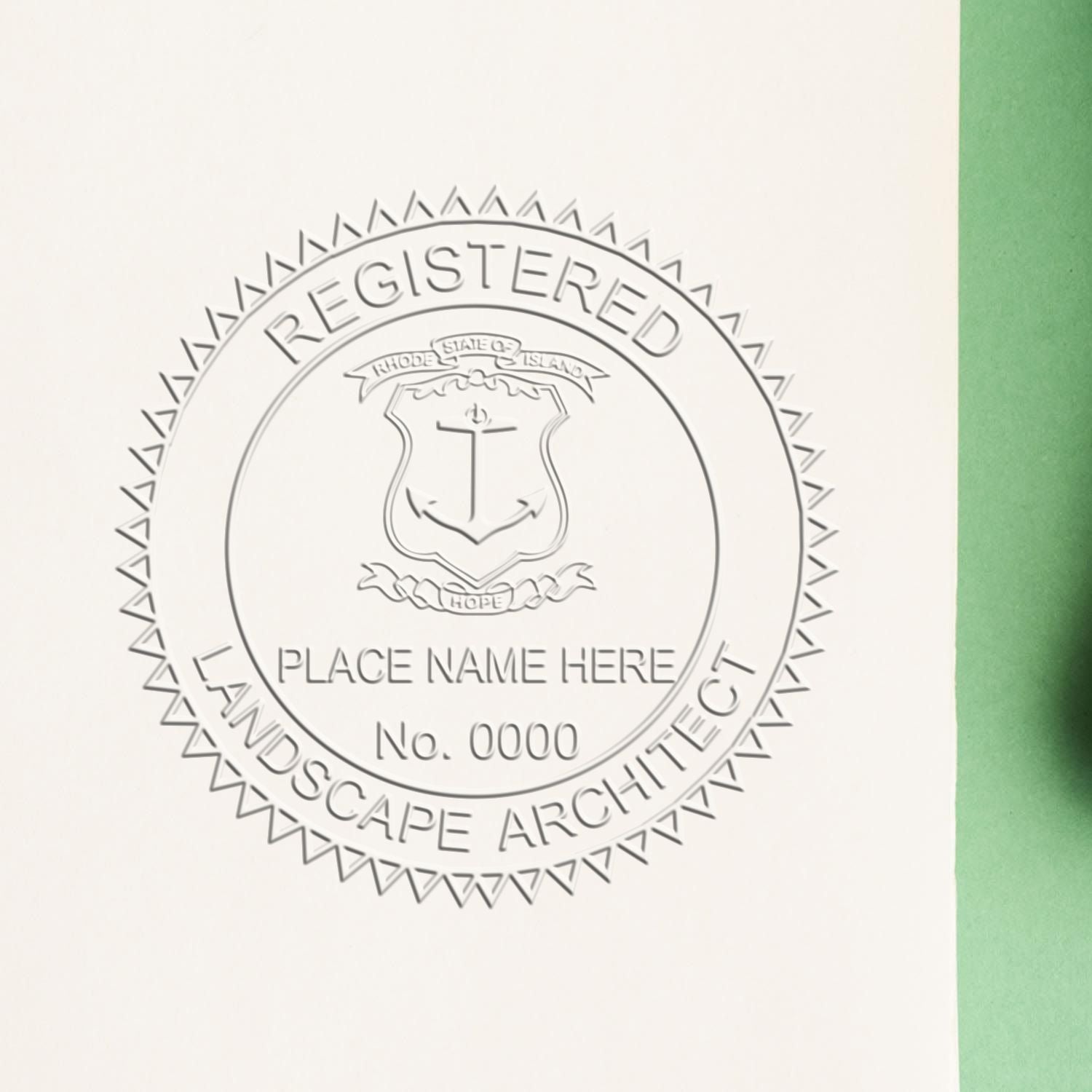 A stamped impression of the State of Rhode Island Handheld Landscape Architect Seal in this stylish lifestyle photo, setting the tone for a unique and personalized product.