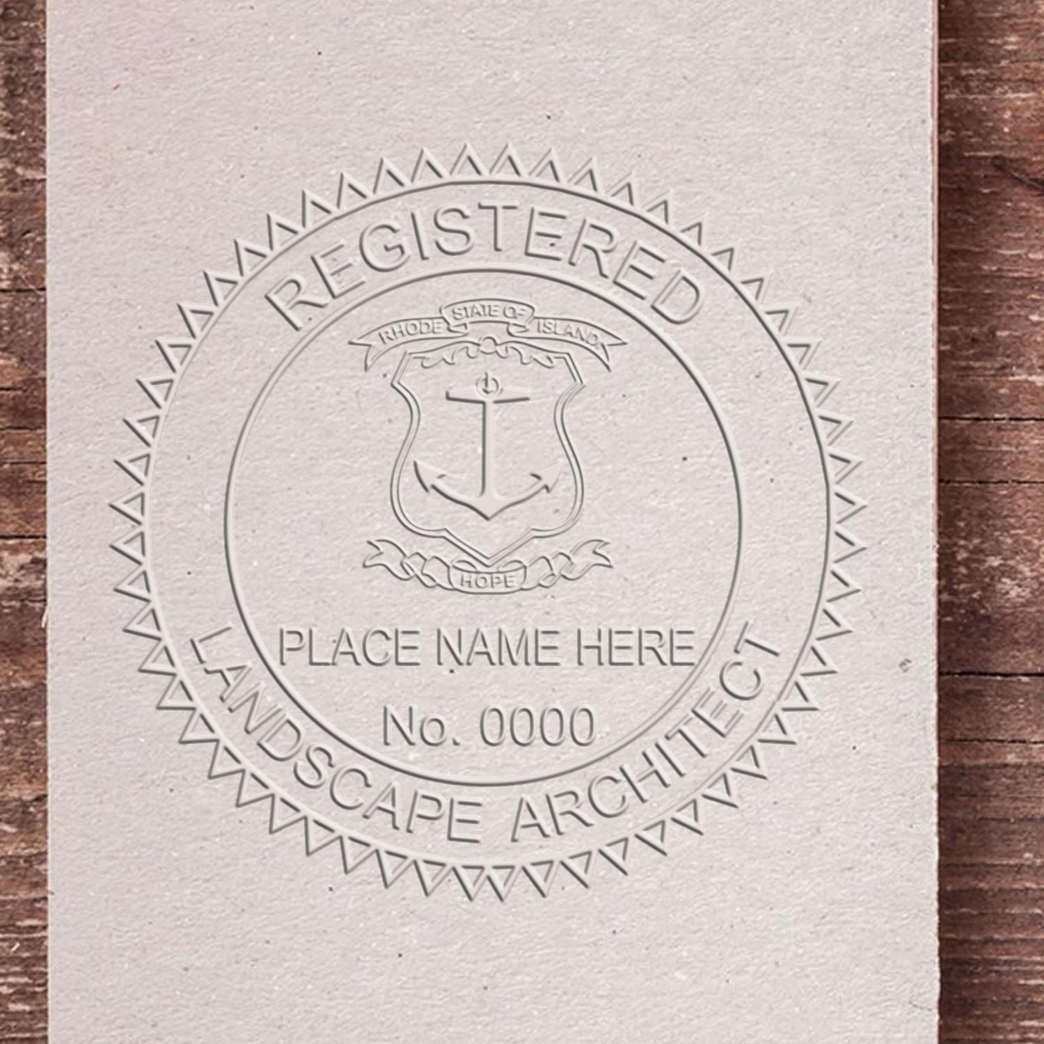 A photograph of the State of Rhode Island Handheld Landscape Architect Seal stamp impression reveals a vivid, professional image of the on paper.