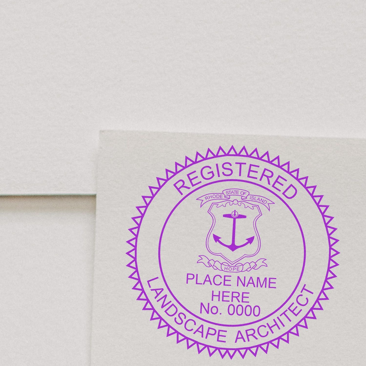 An alternative view of the Slim Pre-Inked Rhode Island Landscape Architect Seal Stamp stamped on a sheet of paper showing the image in use