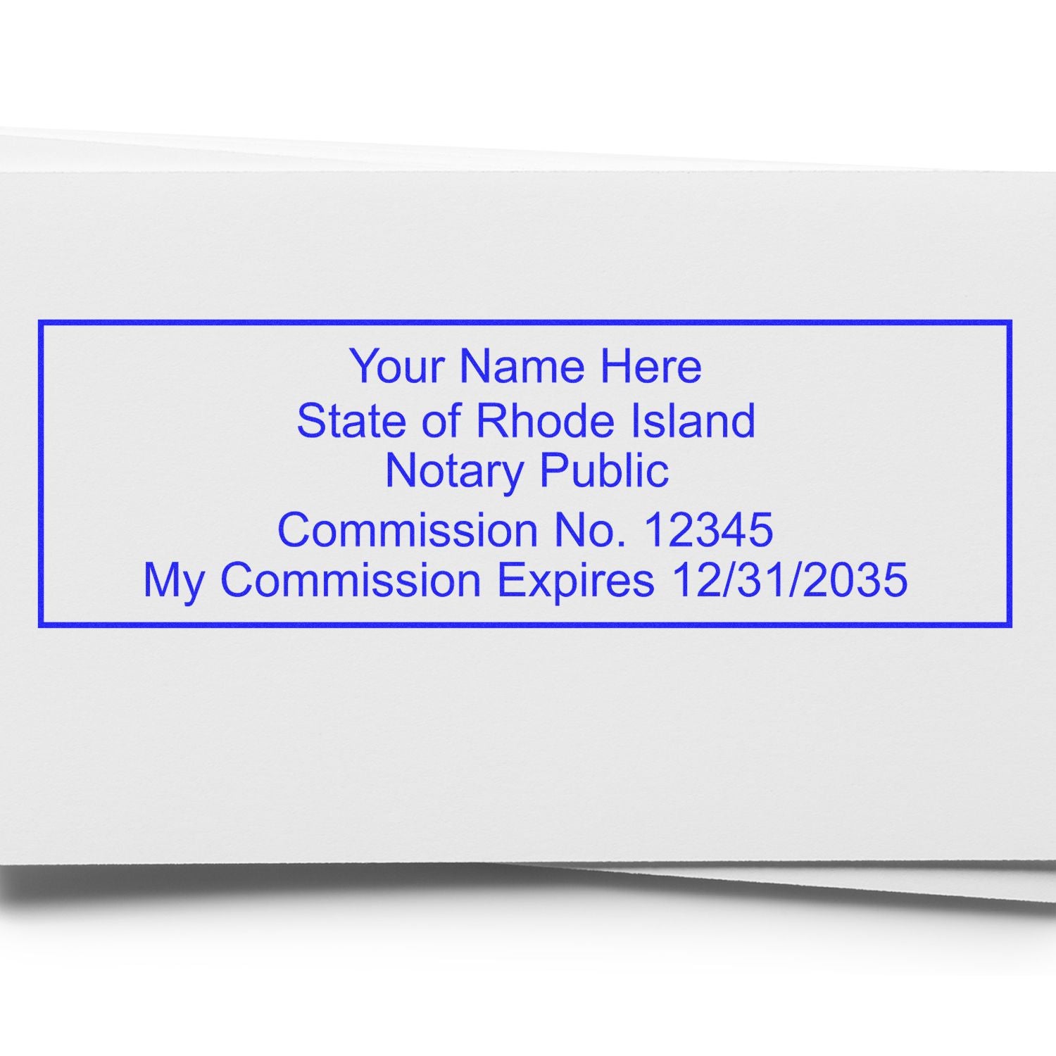This paper is stamped with a sample imprint of the Slim Pre-Inked Rectangular Notary Stamp for Rhode Island, signifying its quality and reliability.