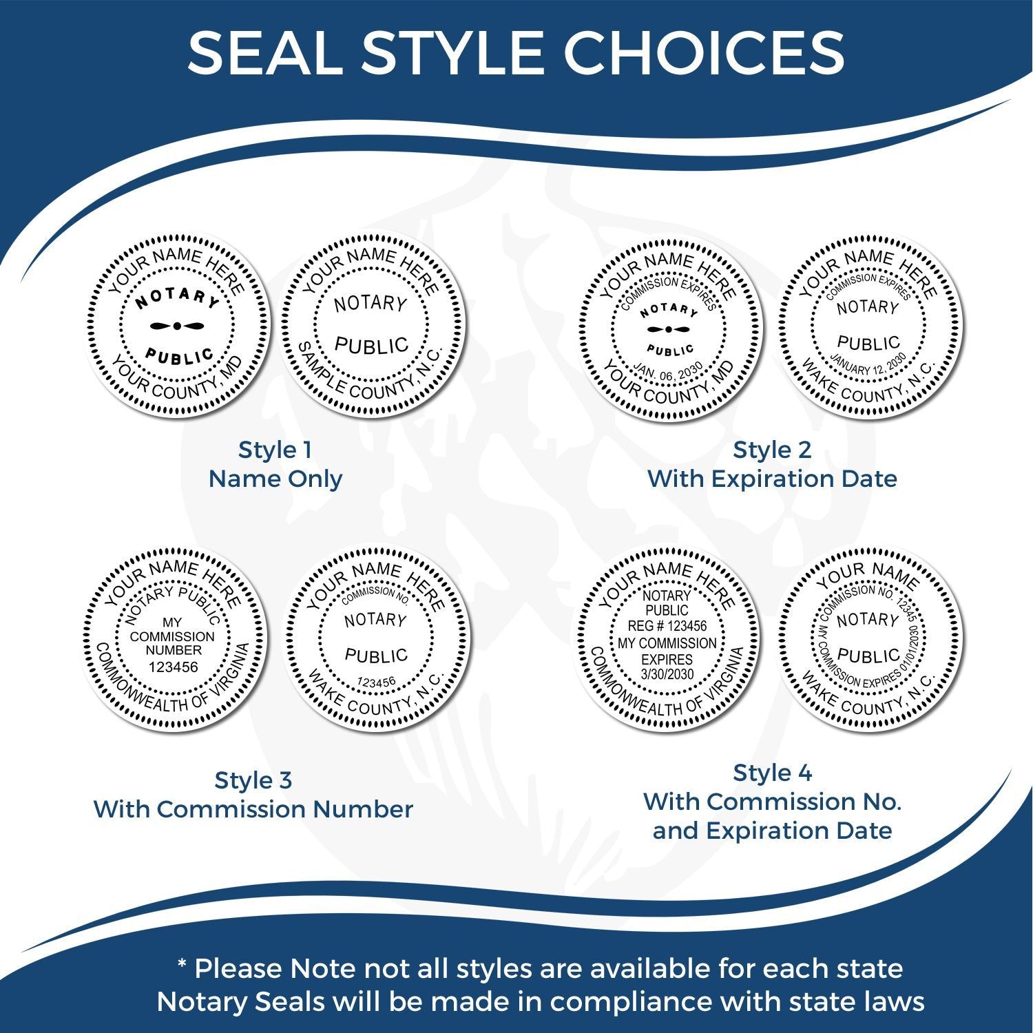 Image showing six different styles of Regular Rubber Stamp of Notary Public Seal, each with varying text and design options.