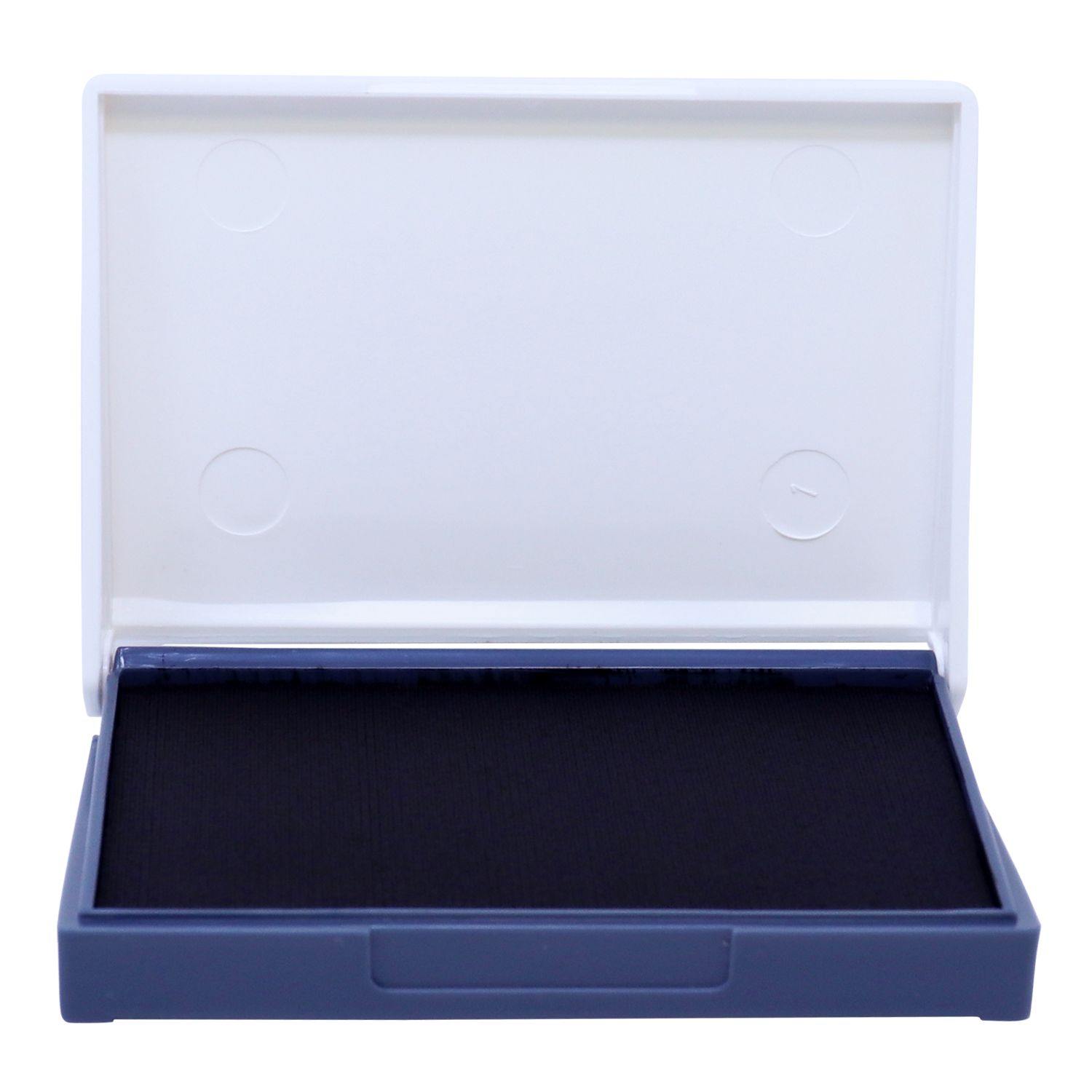 Open Rubber Stamp Ink Pad 00 Size 1-1/2 x 2-3/4 with black ink, white lid, and blue base.