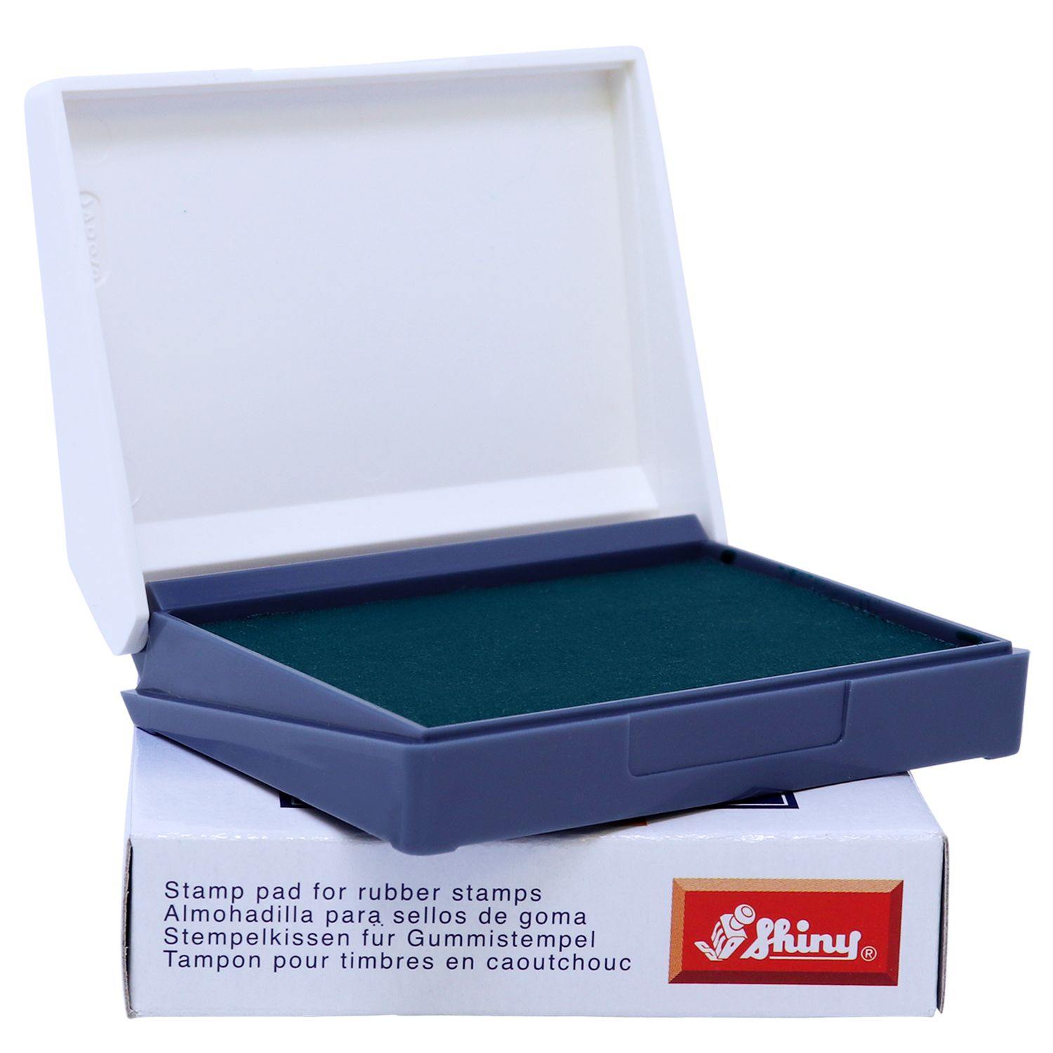 Rubber Stamp Ink Pad 00 Size 1-1/2 x 2-3/4, green ink, in a white and gray plastic case, displayed on a white box with red branding.