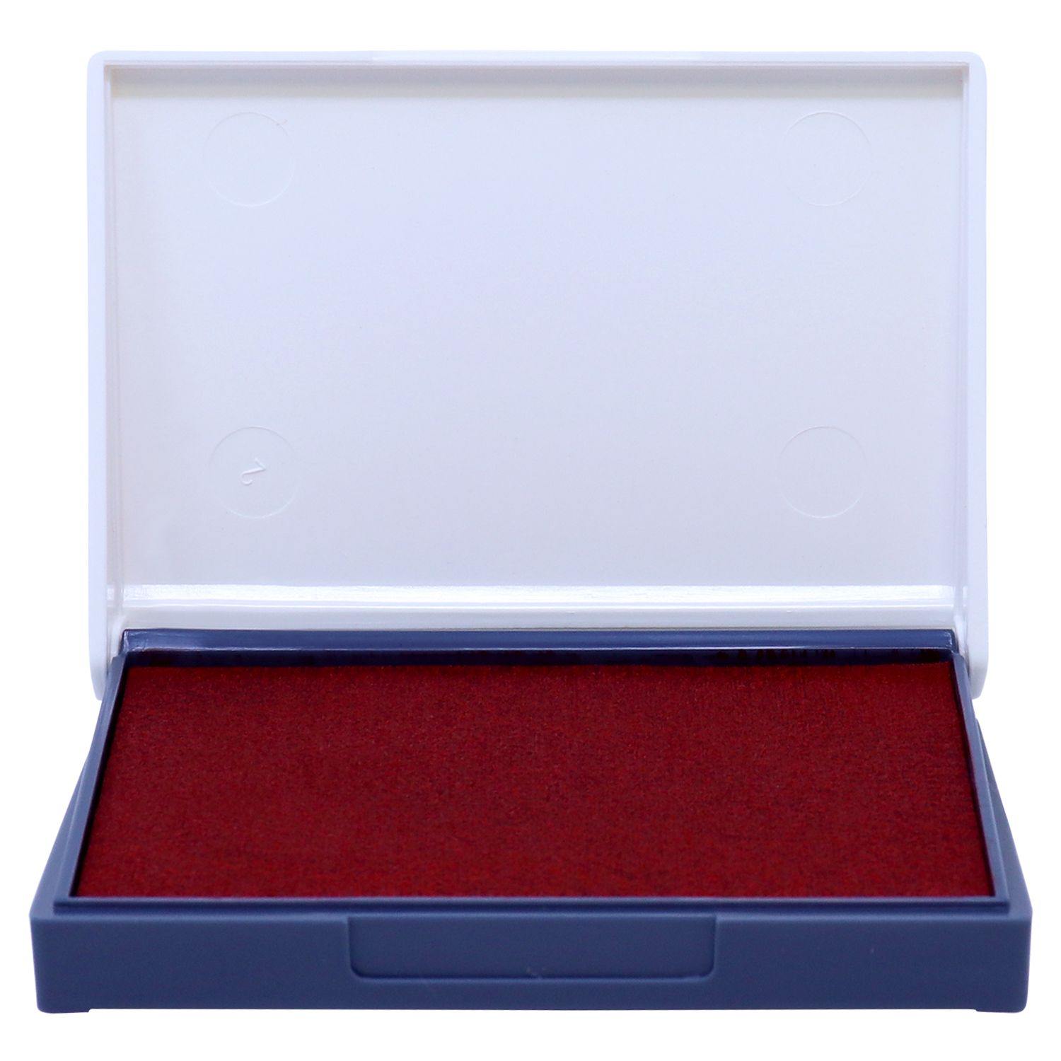 Open Rubber Stamp Ink Pad 00 Size 1-1/2 x 2-3/4 with a red ink surface and a white lid.