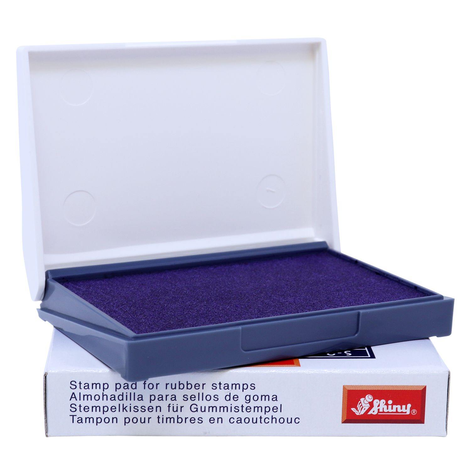 Rubber Stamp Ink Pad 0 Size 2-1/4 x 3-1/2 in blue, open with a white lid, placed on its packaging box.