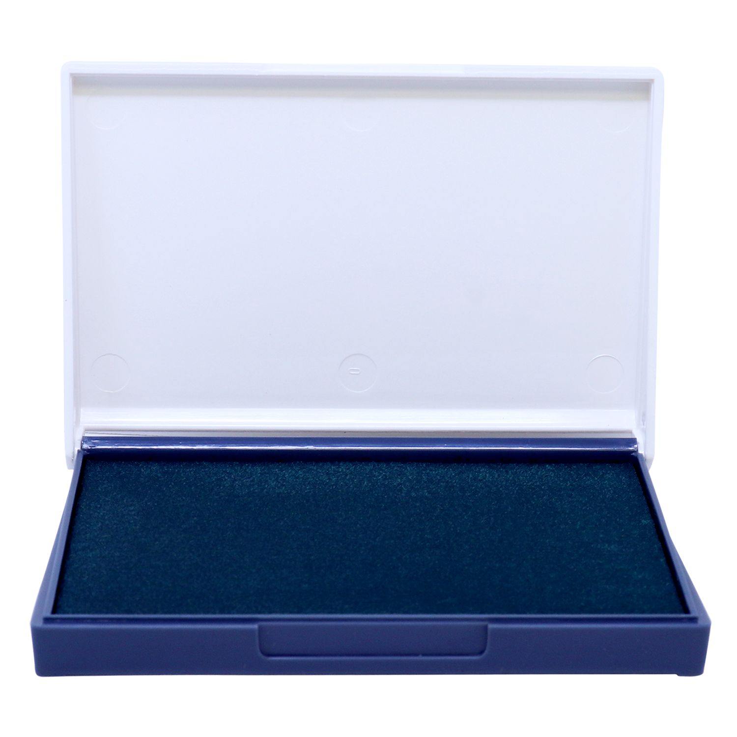 Rubber Stamp Ink Pad 0 Size 2-1/4 x 3-1/2, green ink, open with a white lid and a blue base.