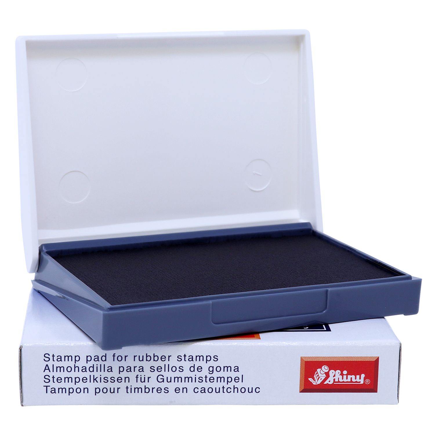 Rubber Stamp Ink Pad 1 Size 2-3/4 x 4-1/4, black ink pad in an open plastic case, placed on a white box with multilingual text.