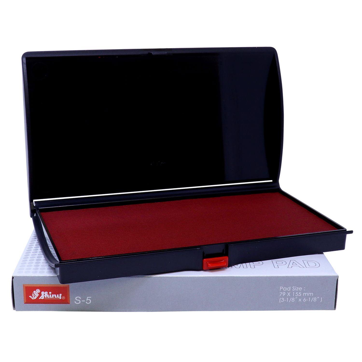 Rubber Stamp Ink Pad 2 Size 3-1/4 x 6-1/4 in red, open black case, placed on a white box with product details visible.