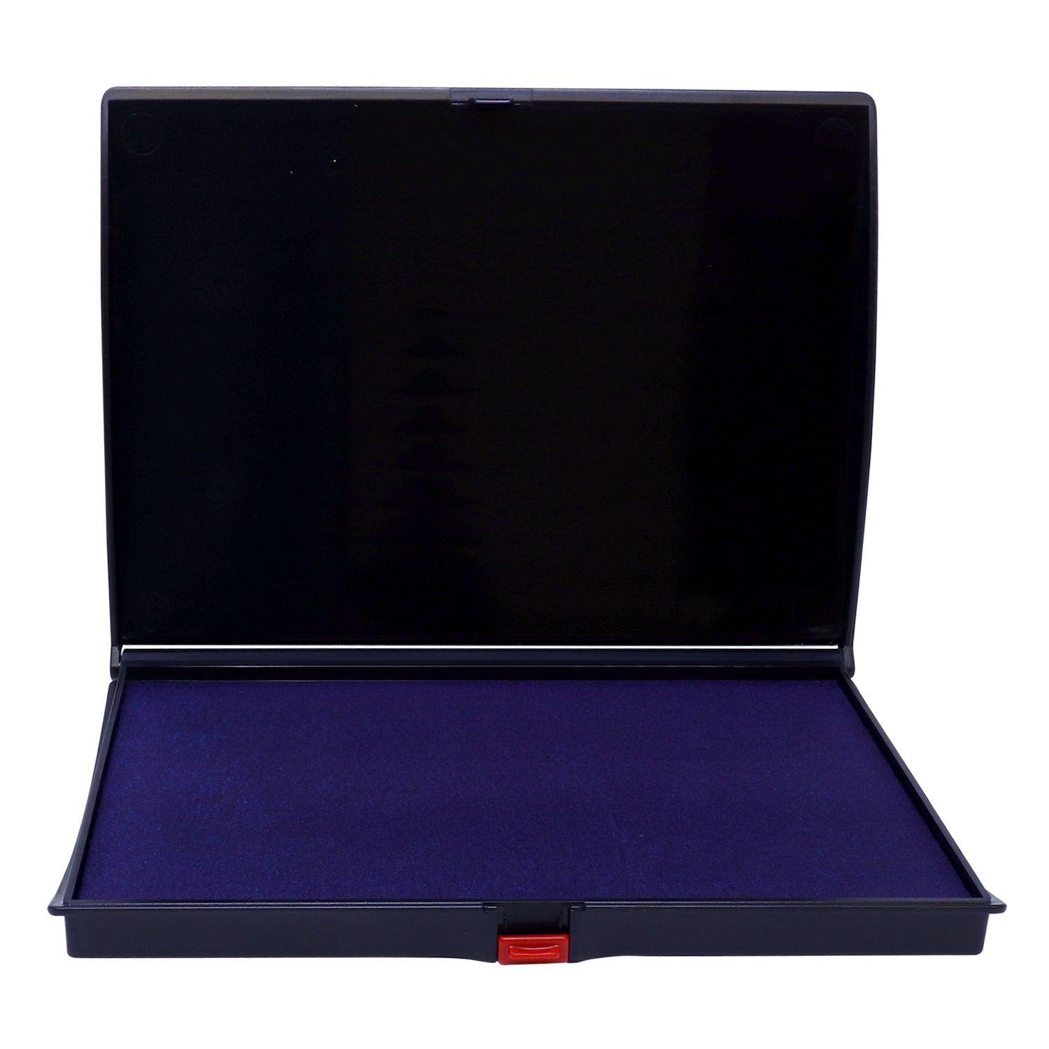 Rubber Stamp Ink Pad 3 Size 4-1/2 x 7-1/4, blue ink pad with an open black plastic case and a red latch.