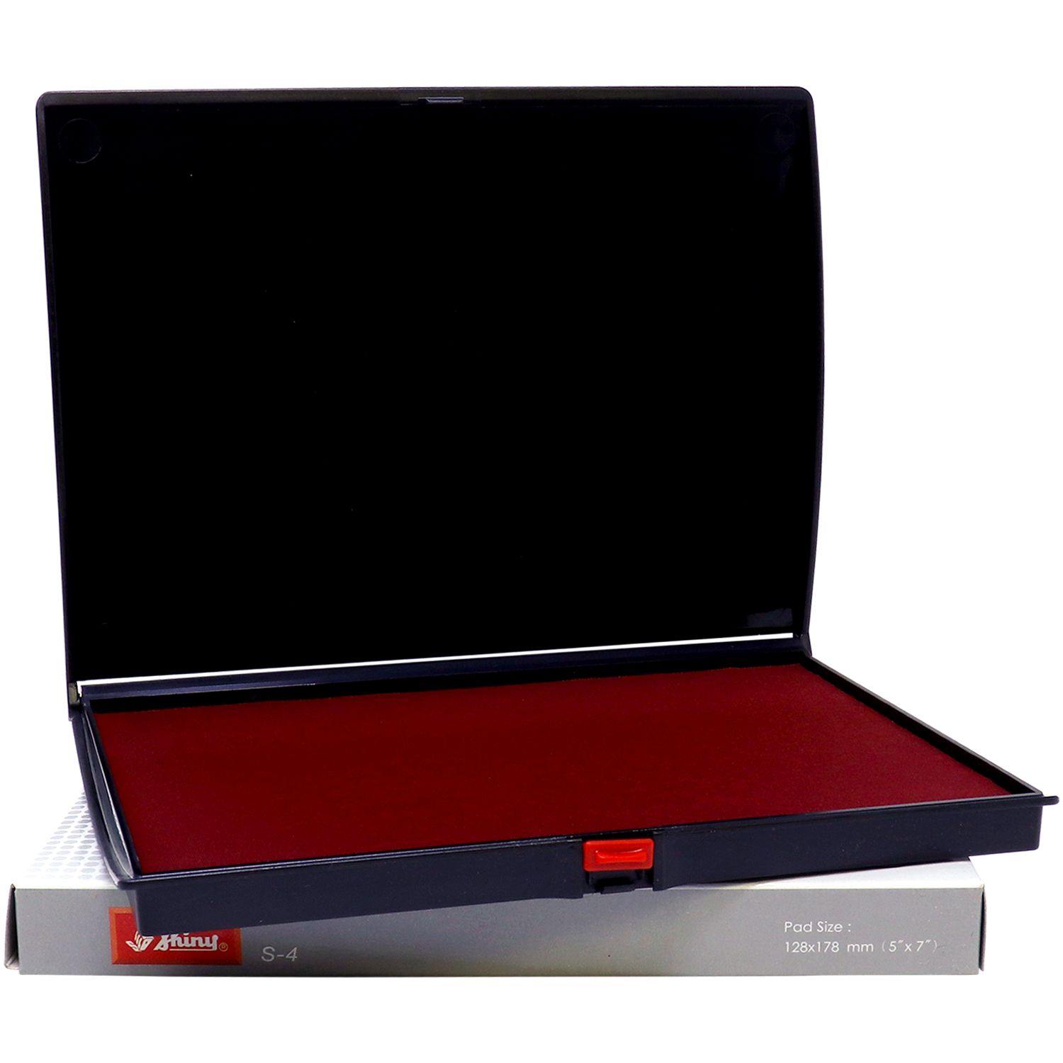 Rubber Stamp Ink Pad 3 Size 4-1/2 x 7-1/4, black plastic case with red ink pad, displayed on a white box with product label visible.