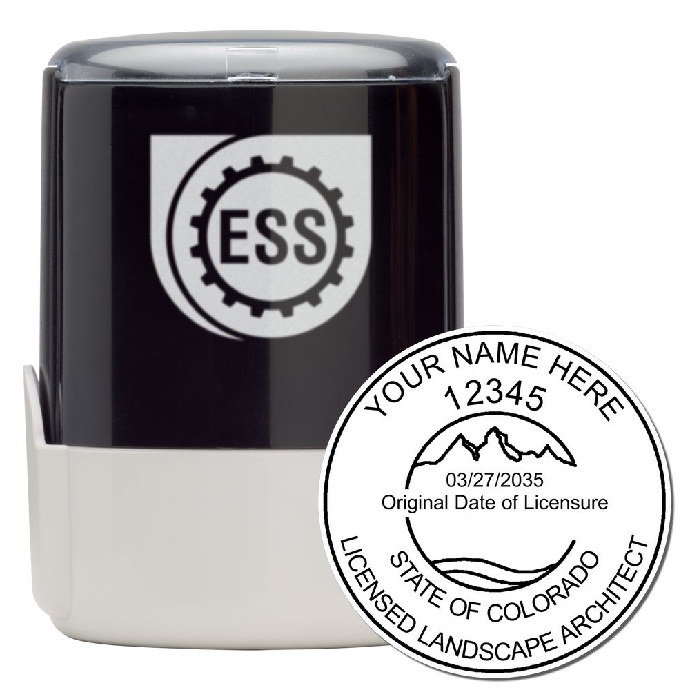 The main image for the Self-Inking Colorado Landscape Architect Stamp depicting a sample of the imprint and electronic files