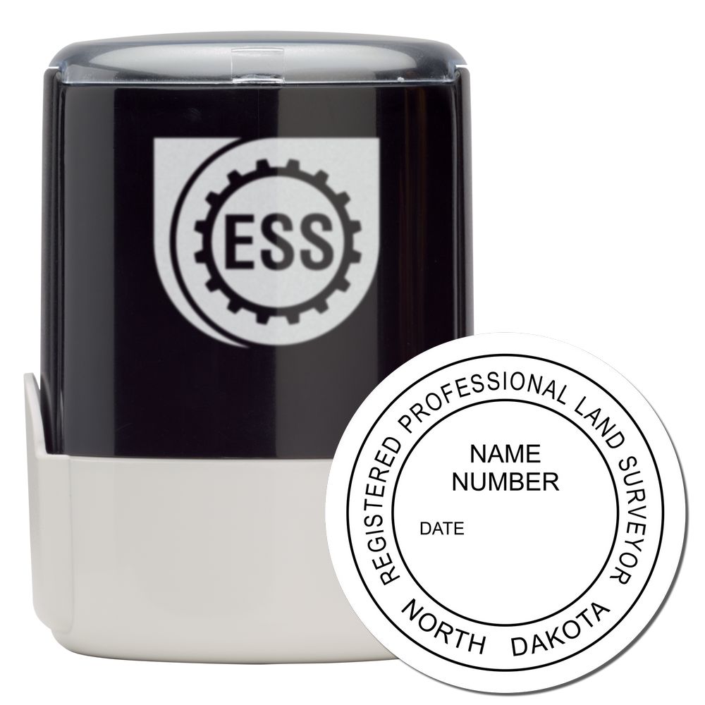 Self Inking North Dakota Land Surveyor Stamp with ESS logo, black and white design, and circular imprint for name, number, and date.