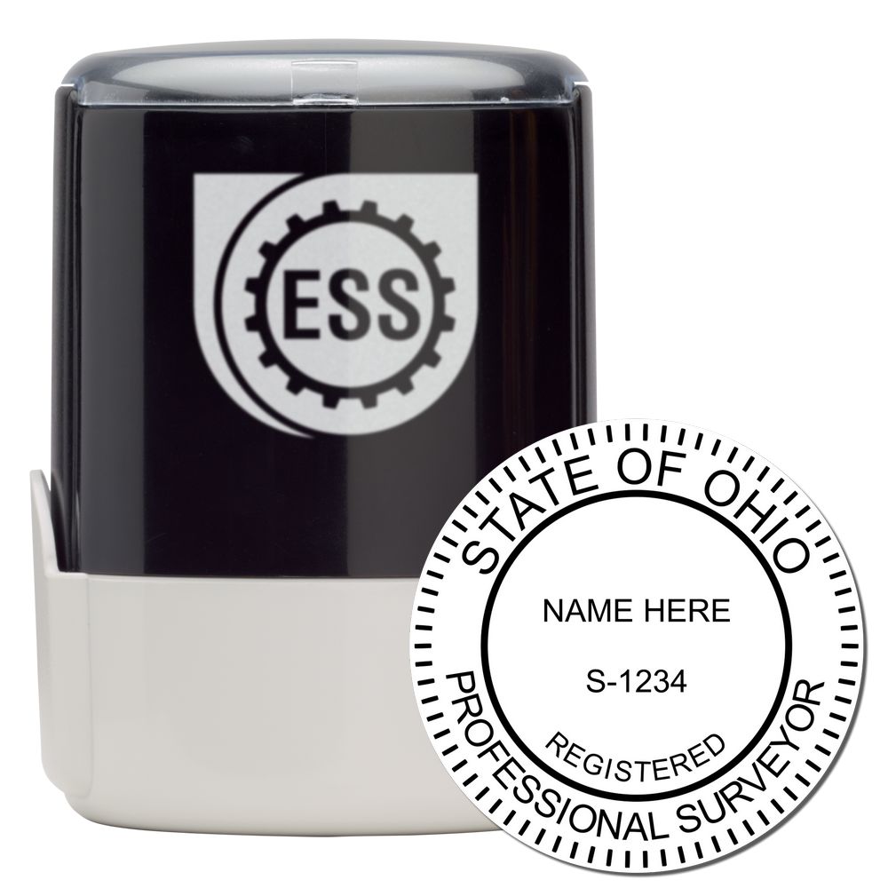 Self Inking Ohio Land Surveyor Stamp with a black and white design, featuring the ESS logo and a circular State of Ohio Professional Surveyor seal.