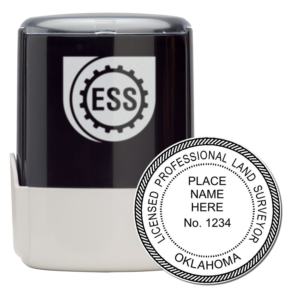 Self Inking Oklahoma Land Surveyor Stamp with black and white design, featuring a circular imprint for licensed professional land surveyors.