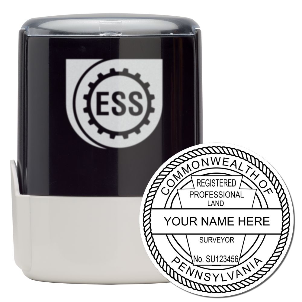 Self Inking Pennsylvania Land Surveyor Stamp with ESS logo, customizable with your name and surveyor number.