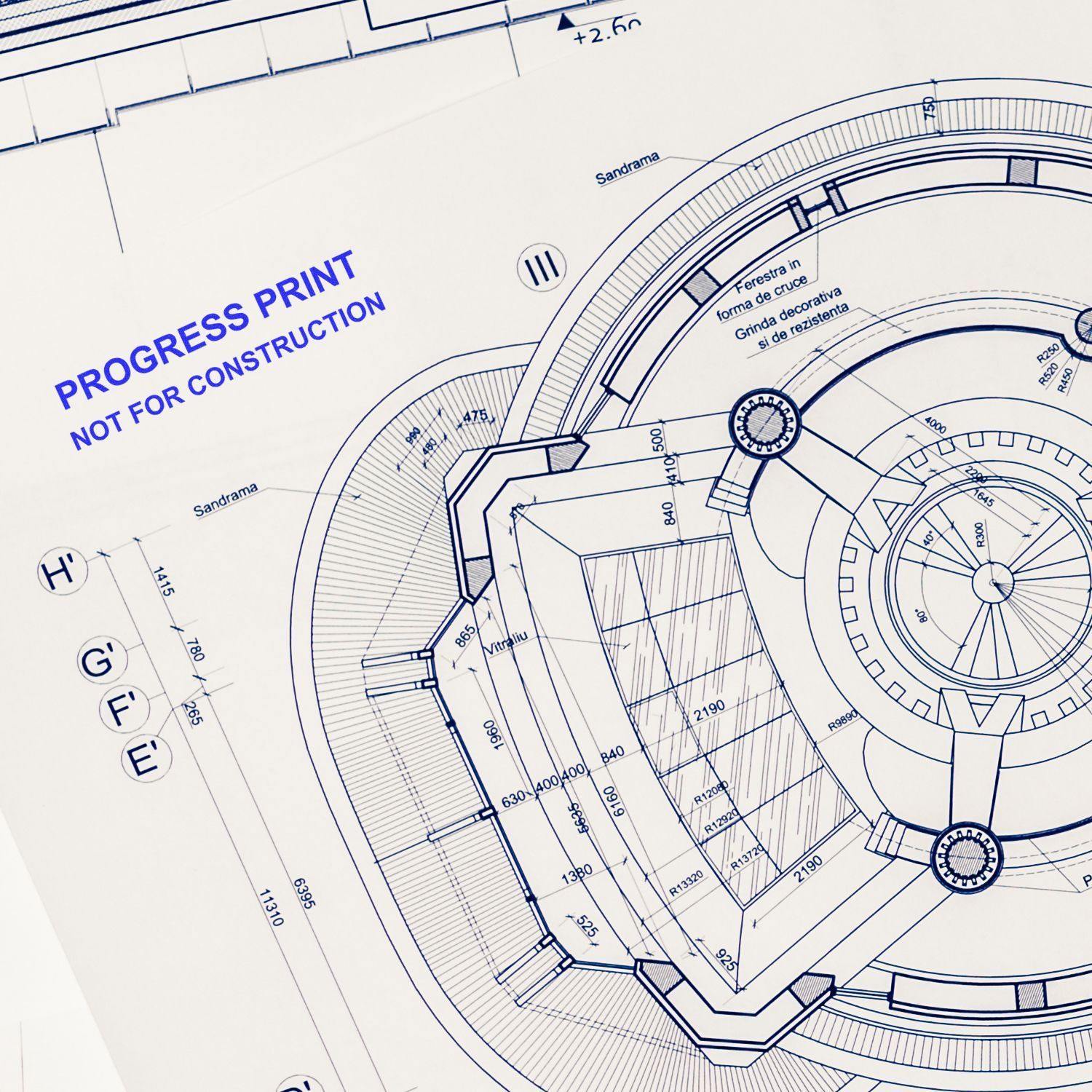Blueprint with Progress Print stamped in blue ink using the Self Inking Progress Print Stamp, indicating it's not for construction.