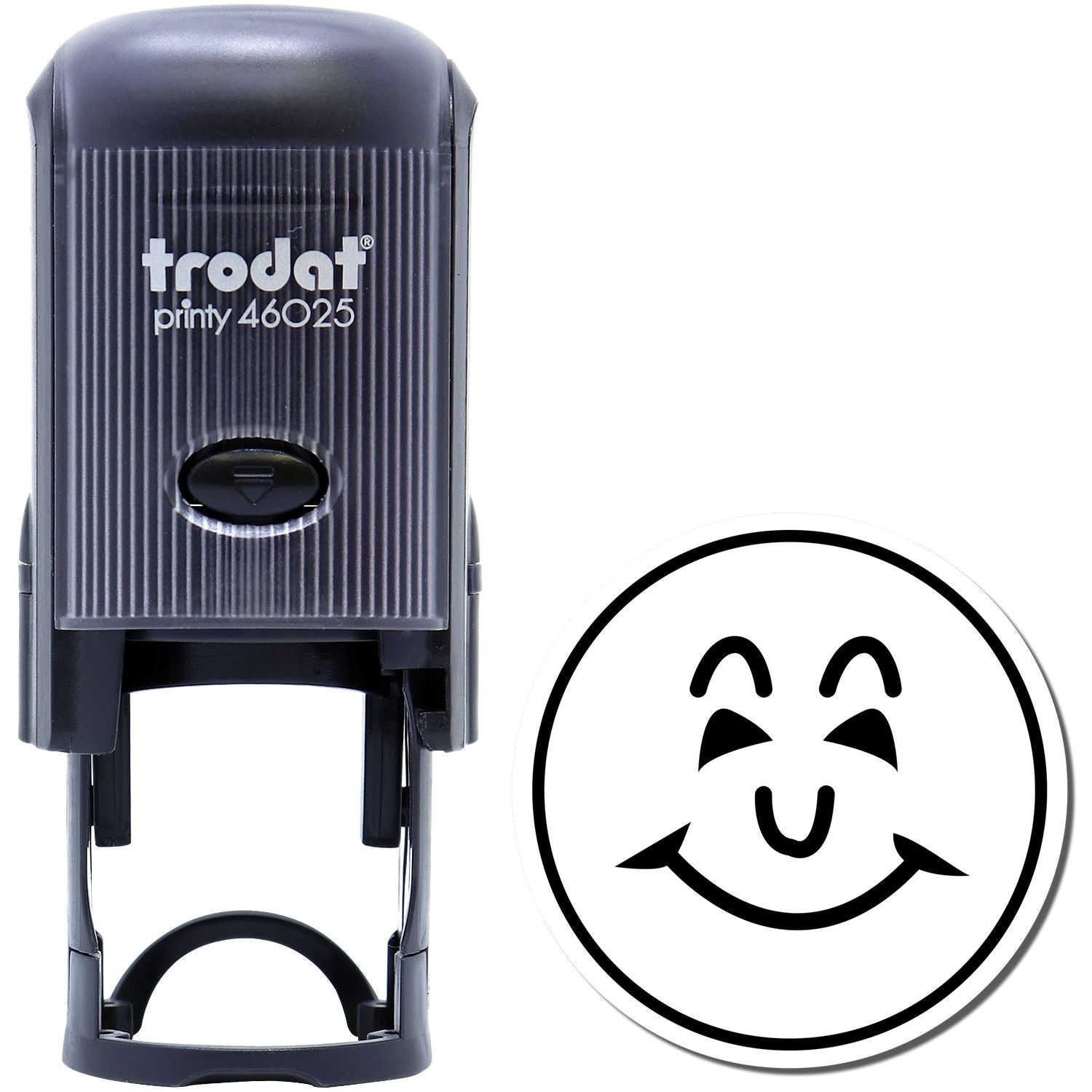 Self Inking Round Happy Face Stamp by Trodat, black casing with a smiling face imprint next to it.