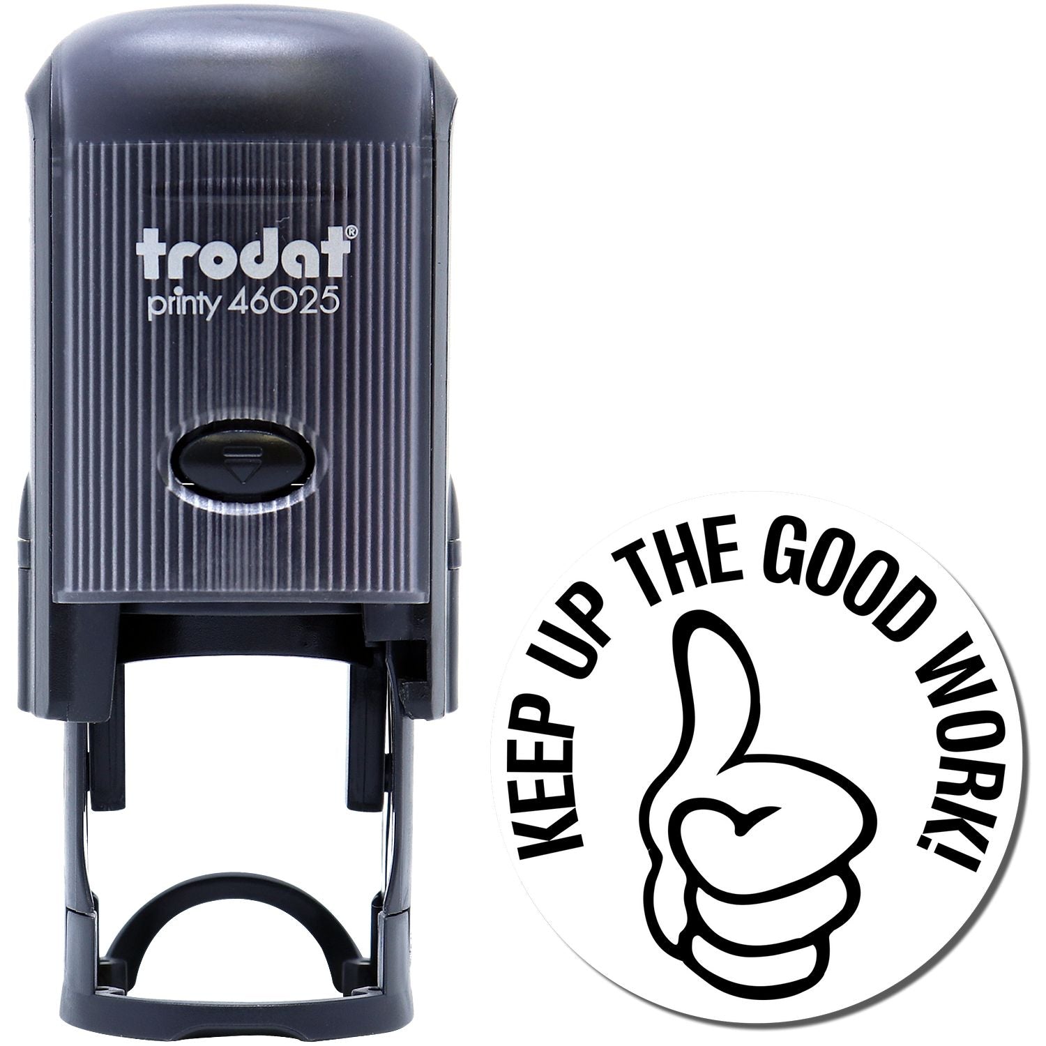 Self Inking Round Keep up the Good Work Stamp with a black casing and a round imprint showing a thumbs-up and the text Keep up the good work!