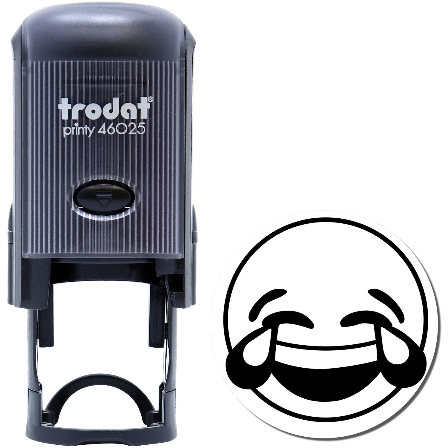 Self Inking Round Laughing Smiley Stamp by Trodat, featuring a black self-inking stamp and a round laughing smiley face with tears of joy.