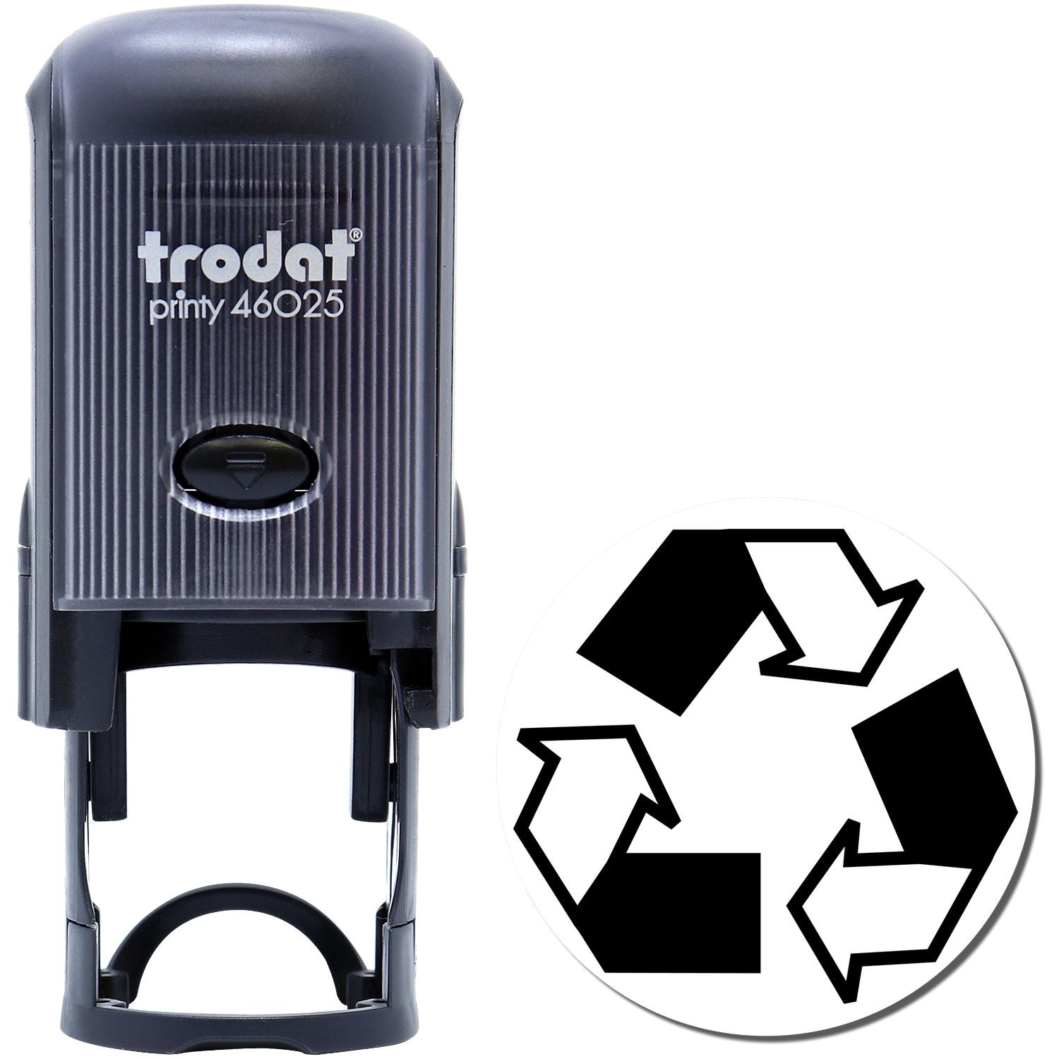 Self Inking Round Recycle Stamp with black casing and recycle symbol imprint, ideal for eco-friendly labeling and office use.