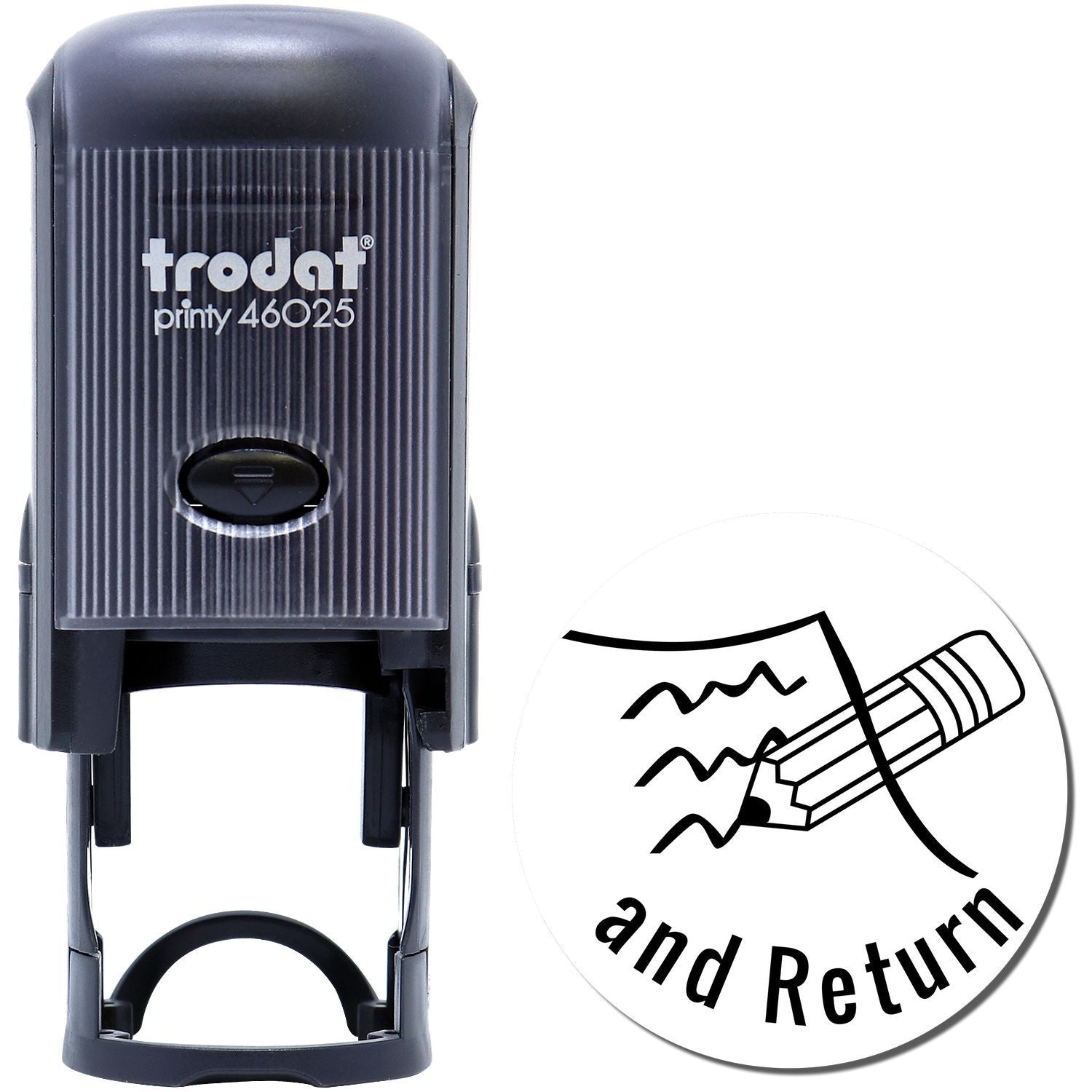 Image of the Self Inking Round Sign and Return Stamp, featuring a black stamp with trodat printy 46025 branding and a sample stamped image.