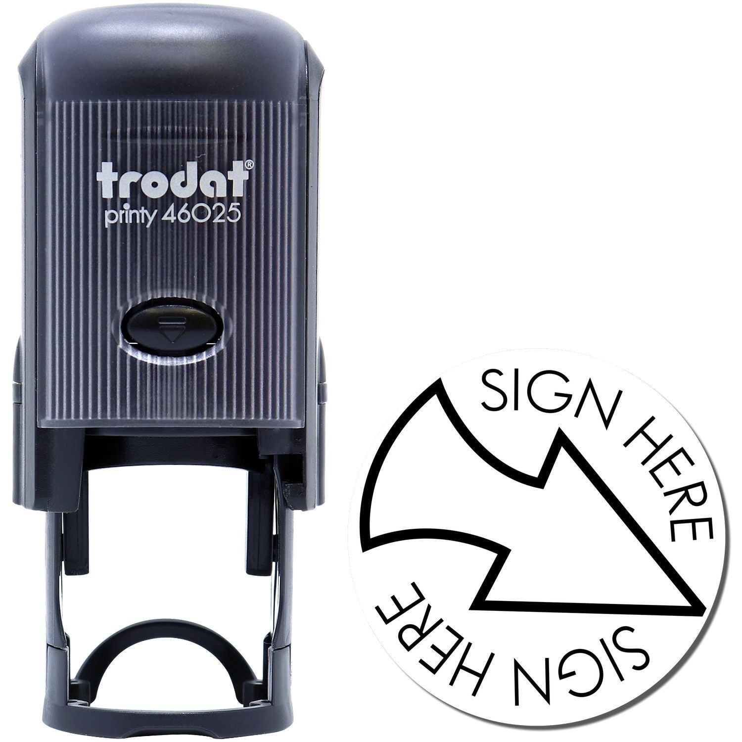 Self Inking Round Sign Here with Arrow Stamp, black, with a circular imprint showing Sign Here text and a directional arrow.