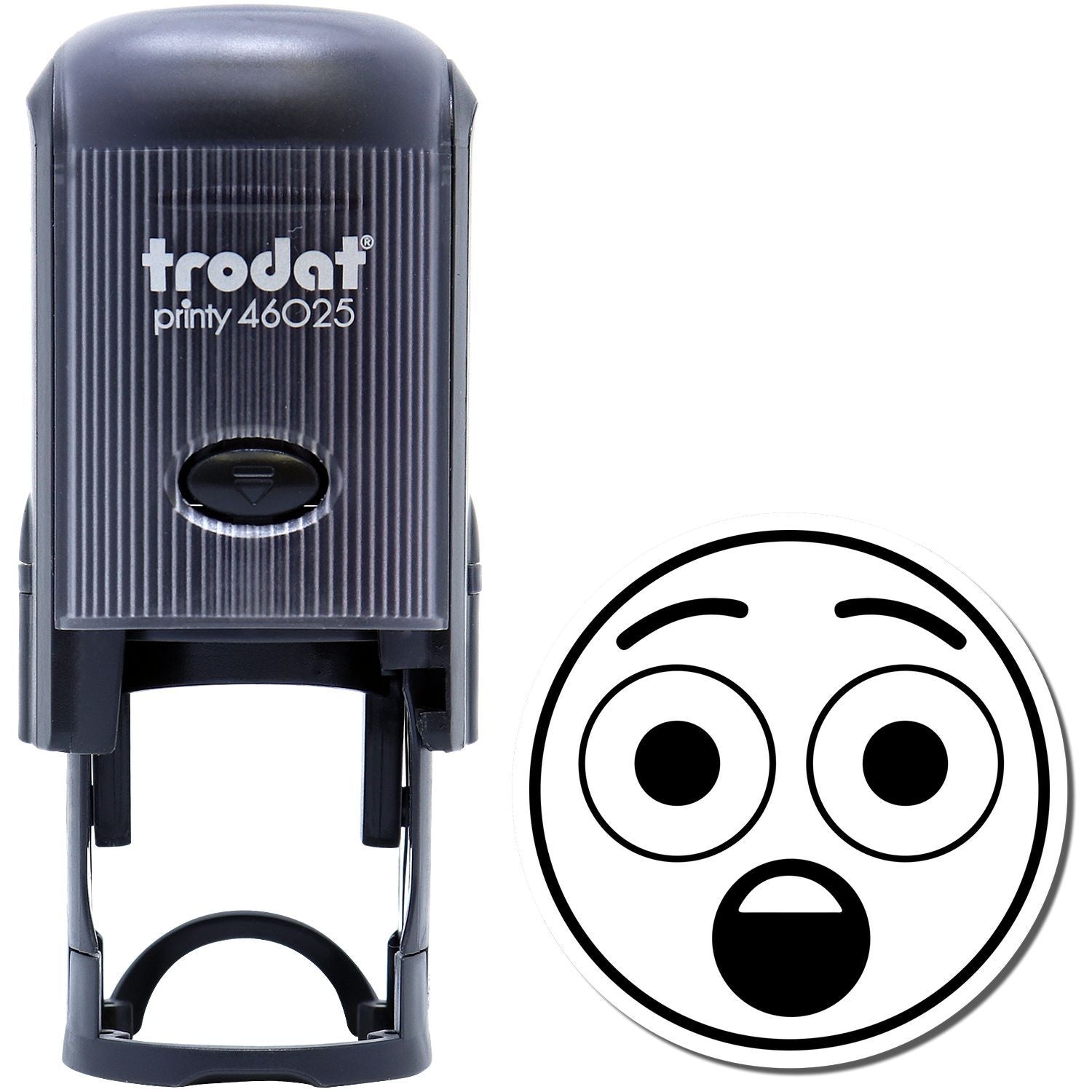 Self Inking Round Surprised Smiley Stamp by Trodat, featuring a black self-inking stamp with a surprised smiley face design beside it.