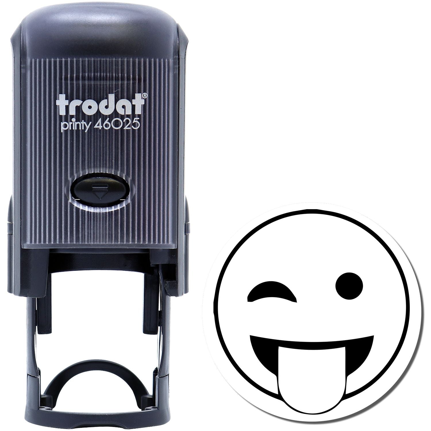 Self Inking Round Tongue out smiley Stamp with black casing and a winking smiley face with tongue out imprint beside it.