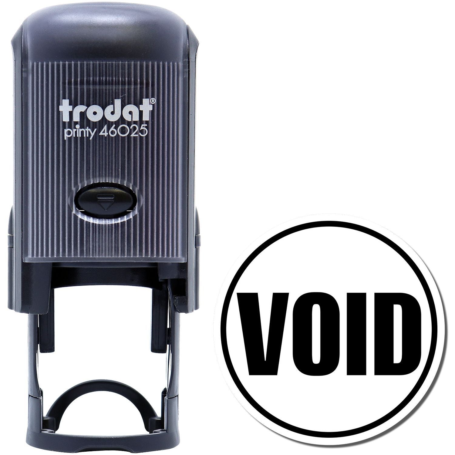 Self Inking Round Void Stamp by Trodat, black, with a round VOID imprint. Suitable for marking documents as voided.