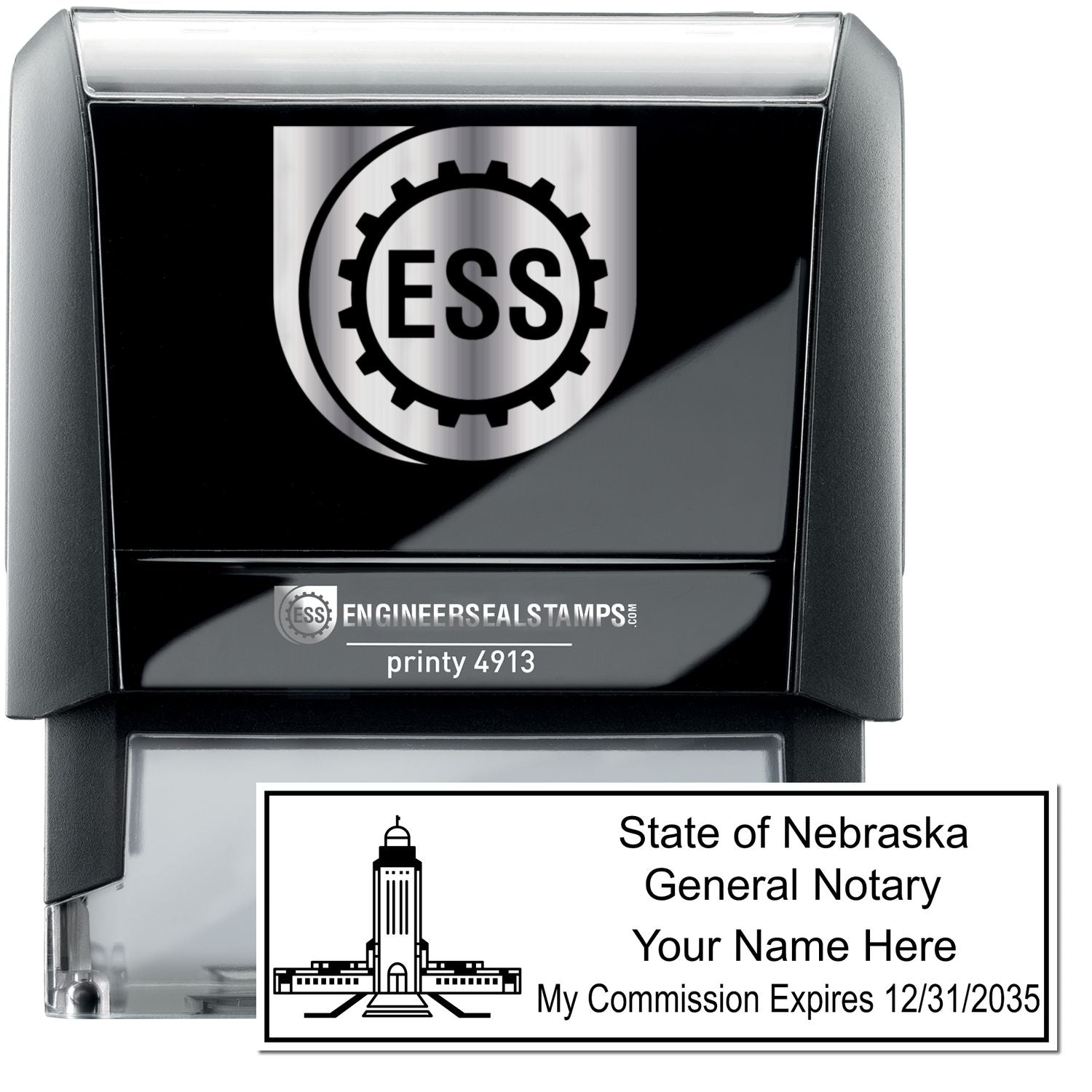 The main image for the Self-Inking State Seal Nebraska Notary Stamp depicting a sample of the imprint and electronic files