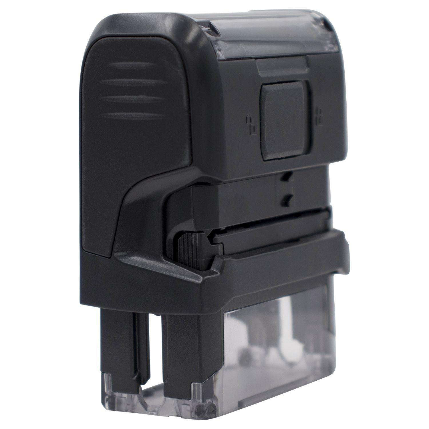 Large Self Inking BC/BS Stamp with a black plastic body and a transparent base, designed for efficient and quick stamping.