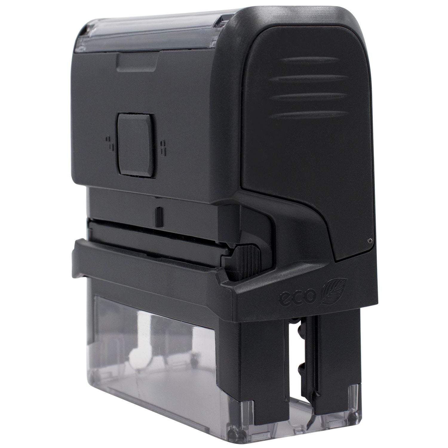 Black Self Inking Fragile Stamp with eco-friendly design, side angle view showing the stamp mechanism and clear base.